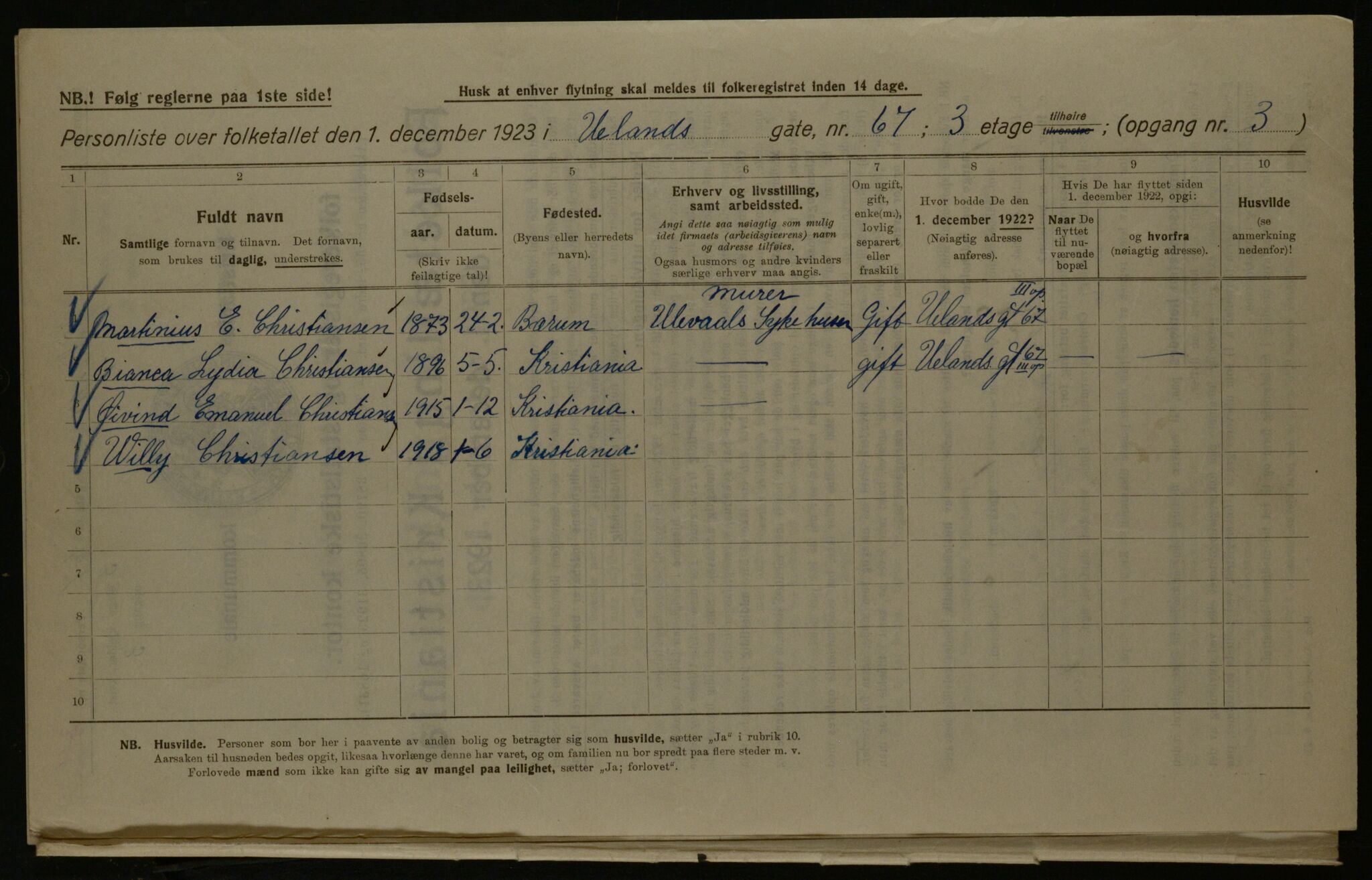 OBA, Kommunal folketelling 1.12.1923 for Kristiania, 1923, s. 131196