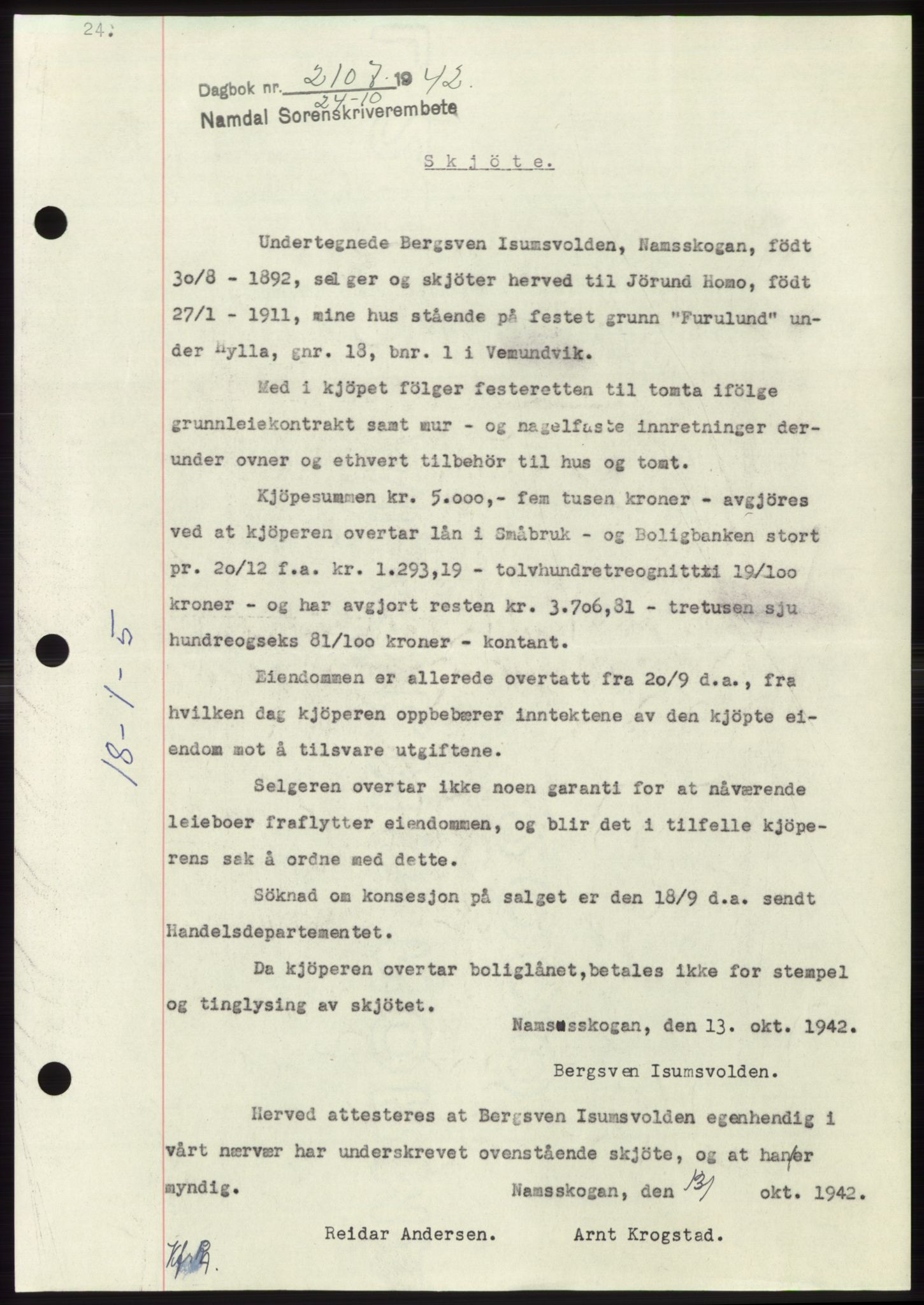 Namdal sorenskriveri, SAT/A-4133/1/2/2C: Pantebok nr. -, 1942-1943, Dagboknr: 2107/1942