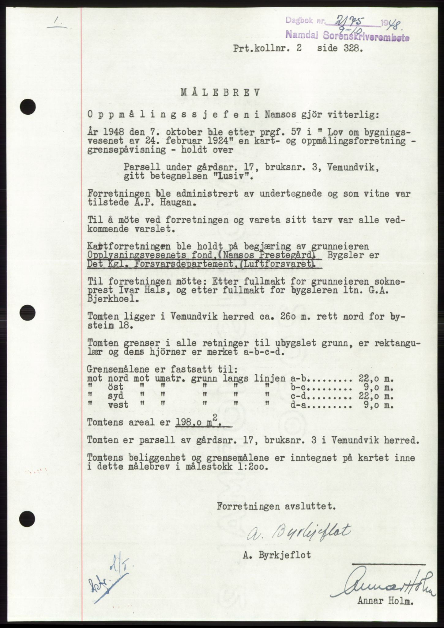 Namdal sorenskriveri, SAT/A-4133/1/2/2C: Pantebok nr. -, 1948-1948, Dagboknr: 2175/1948