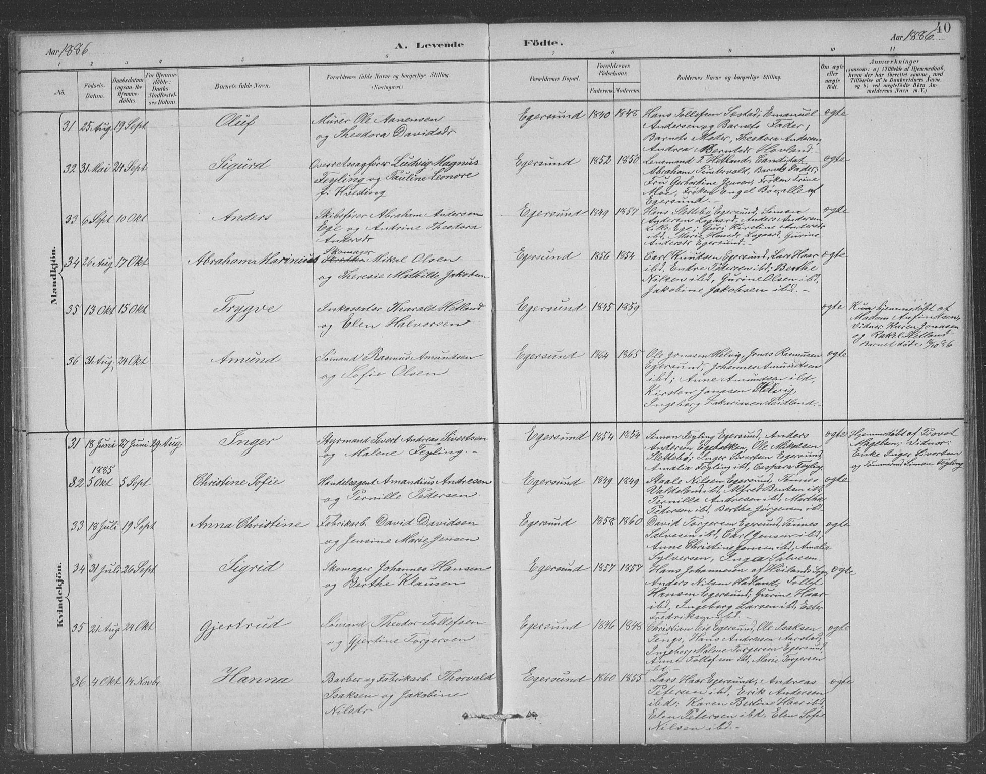 Eigersund sokneprestkontor, AV/SAST-A-101807/S09/L0008: Klokkerbok nr. B 8, 1882-1892, s. 40