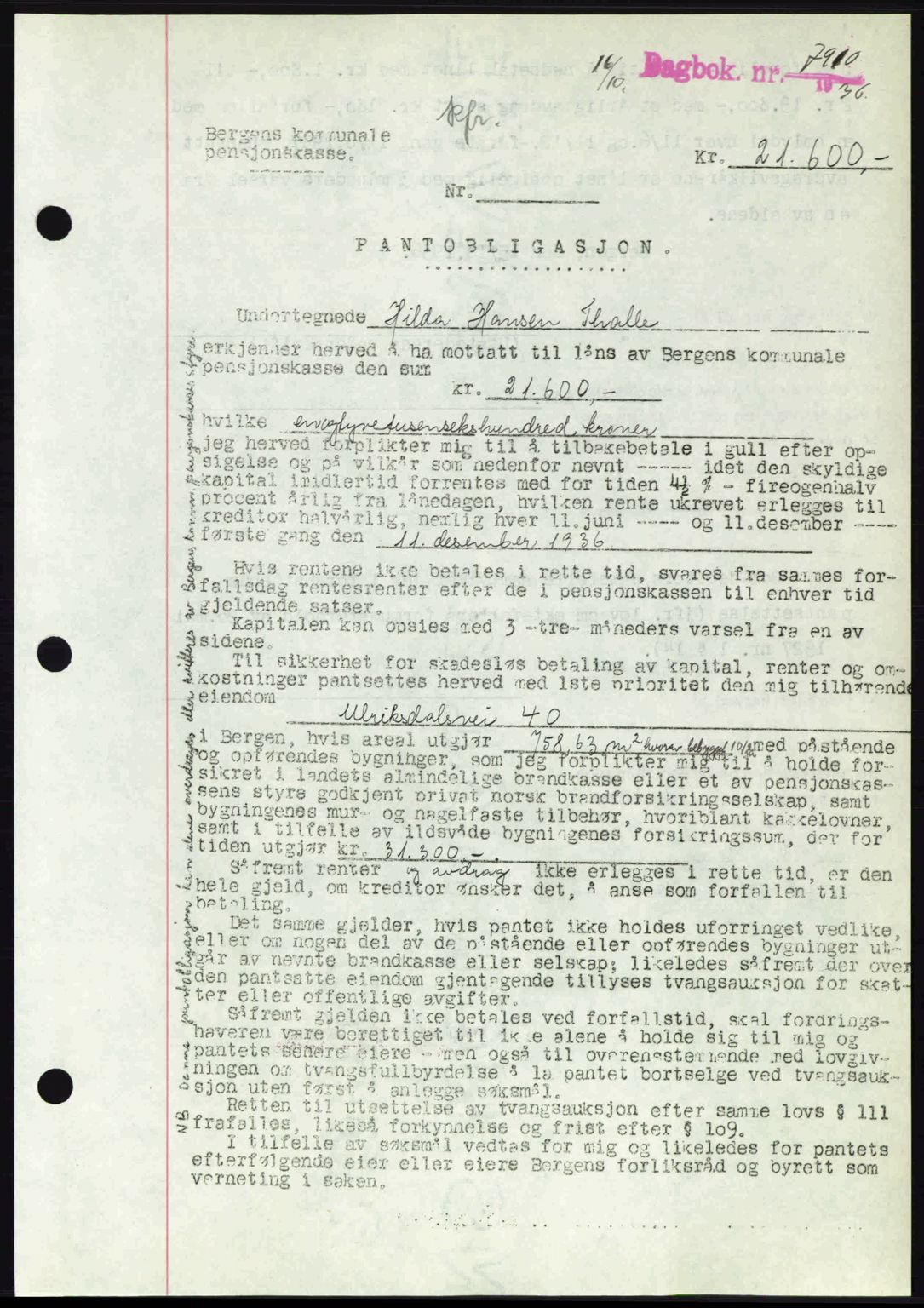 Byfogd og Byskriver i Bergen, SAB/A-3401/03/03Bd/L0001: Pantebok nr. B1-25, 1936-1945, Dagboknr: 7910/1936