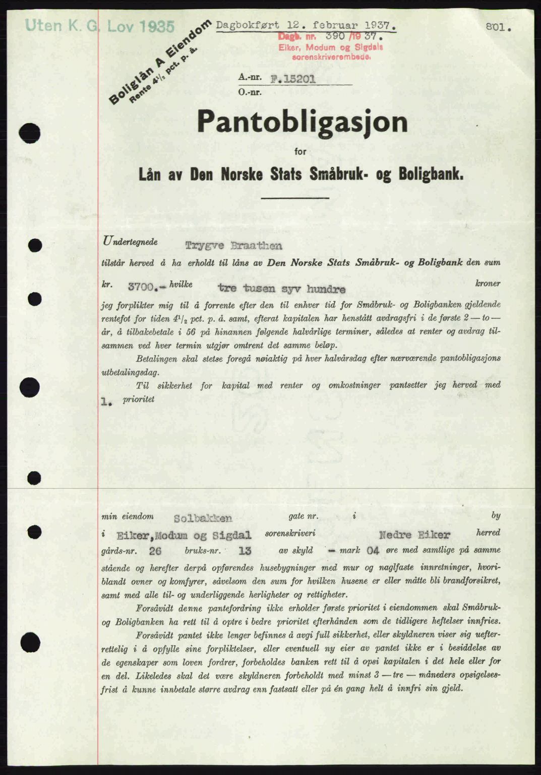 Eiker, Modum og Sigdal sorenskriveri, SAKO/A-123/G/Ga/Gab/L0034: Pantebok nr. A4, 1936-1937, Dagboknr: 390/1937