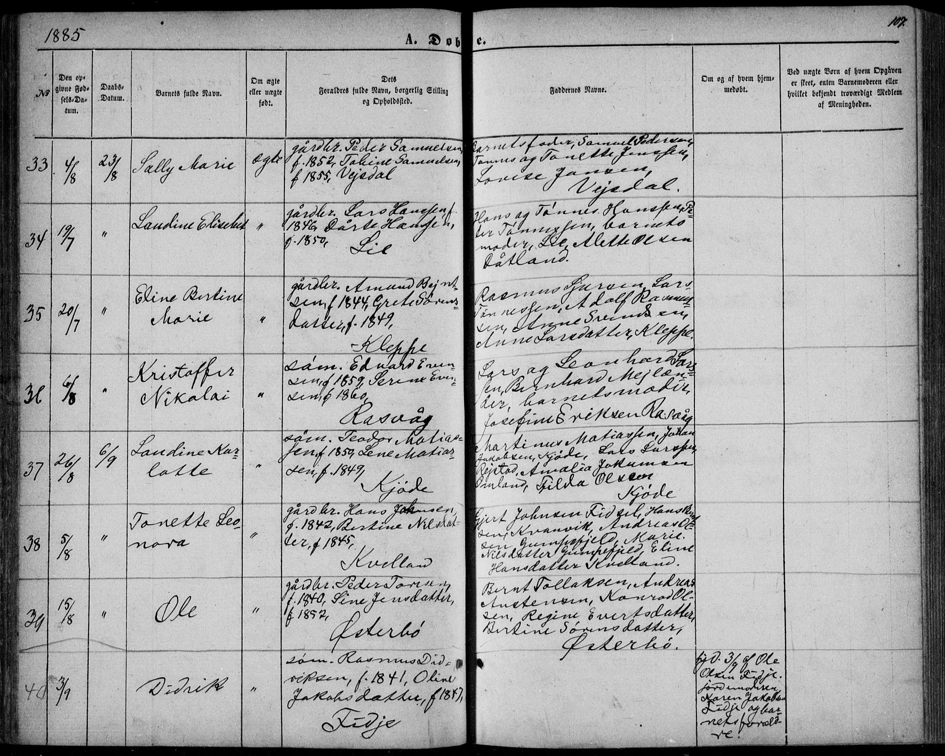 Flekkefjord sokneprestkontor, AV/SAK-1111-0012/F/Fb/Fbb/L0003: Klokkerbok nr. B 3, 1867-1889, s. 107