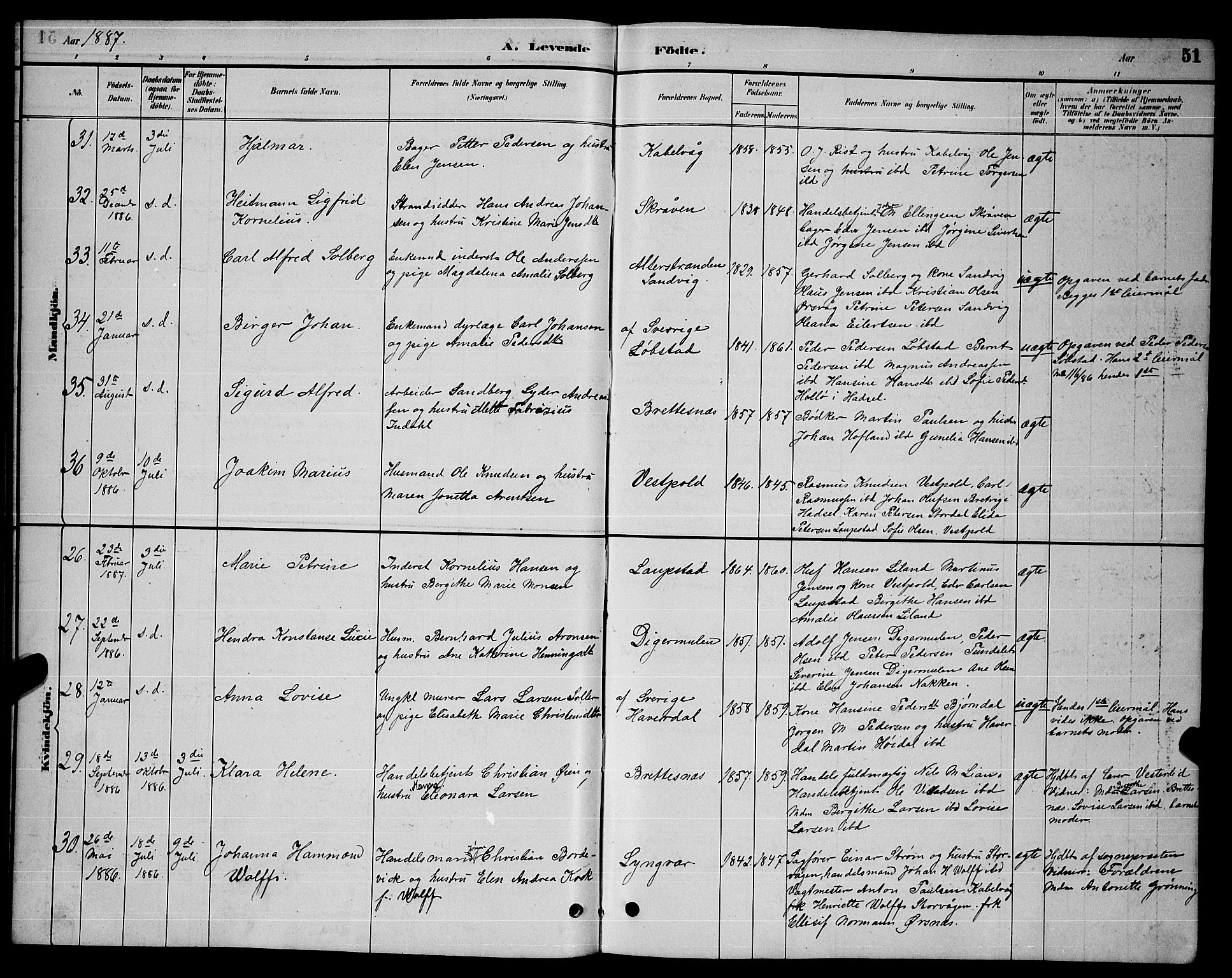 Ministerialprotokoller, klokkerbøker og fødselsregistre - Nordland, AV/SAT-A-1459/874/L1076: Klokkerbok nr. 874C05, 1884-1890, s. 51