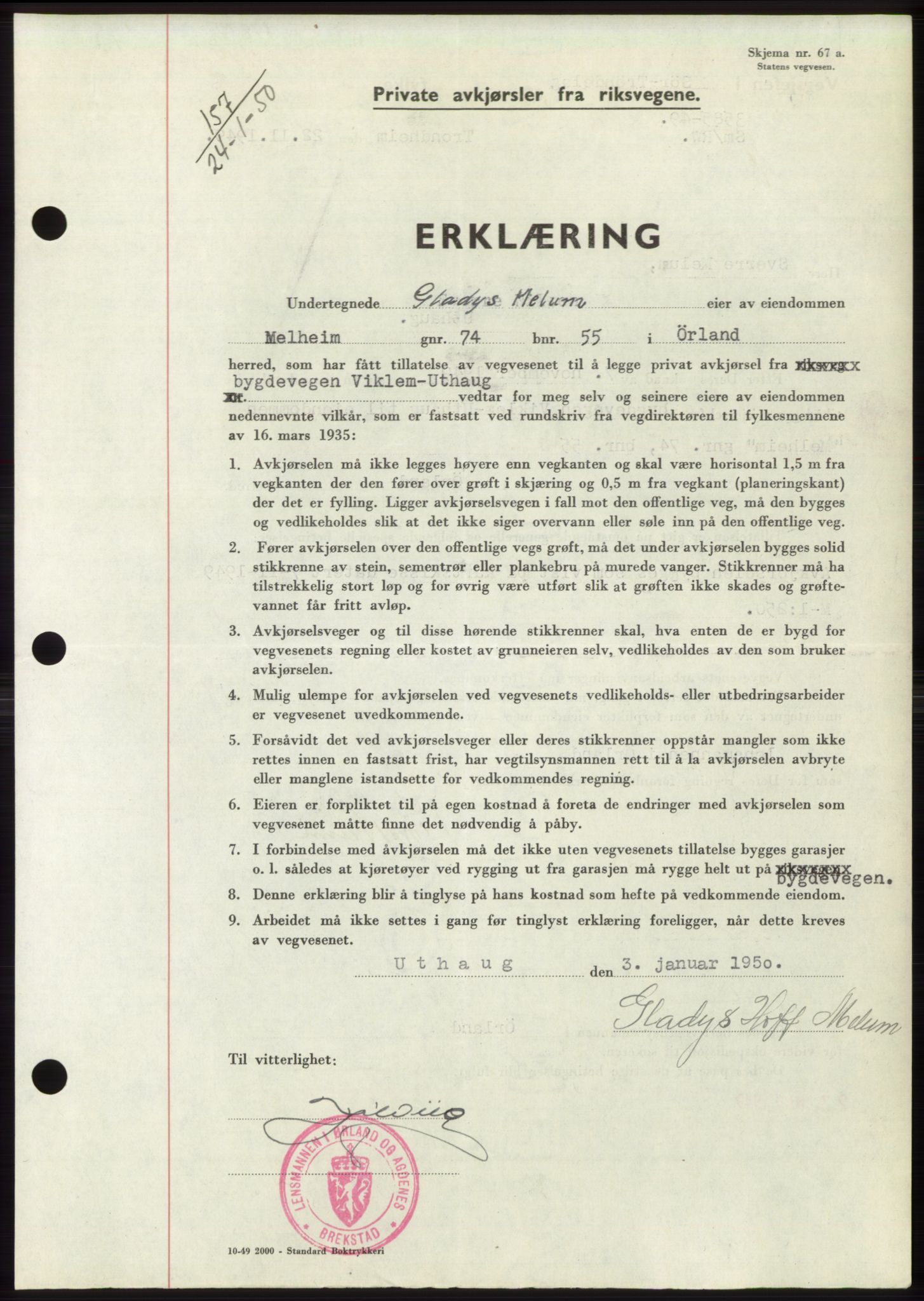 Fosen sorenskriveri, AV/SAT-A-1107/1/2/2C: Pantebok nr. B3, 1948-1950, Dagboknr: 157/1950