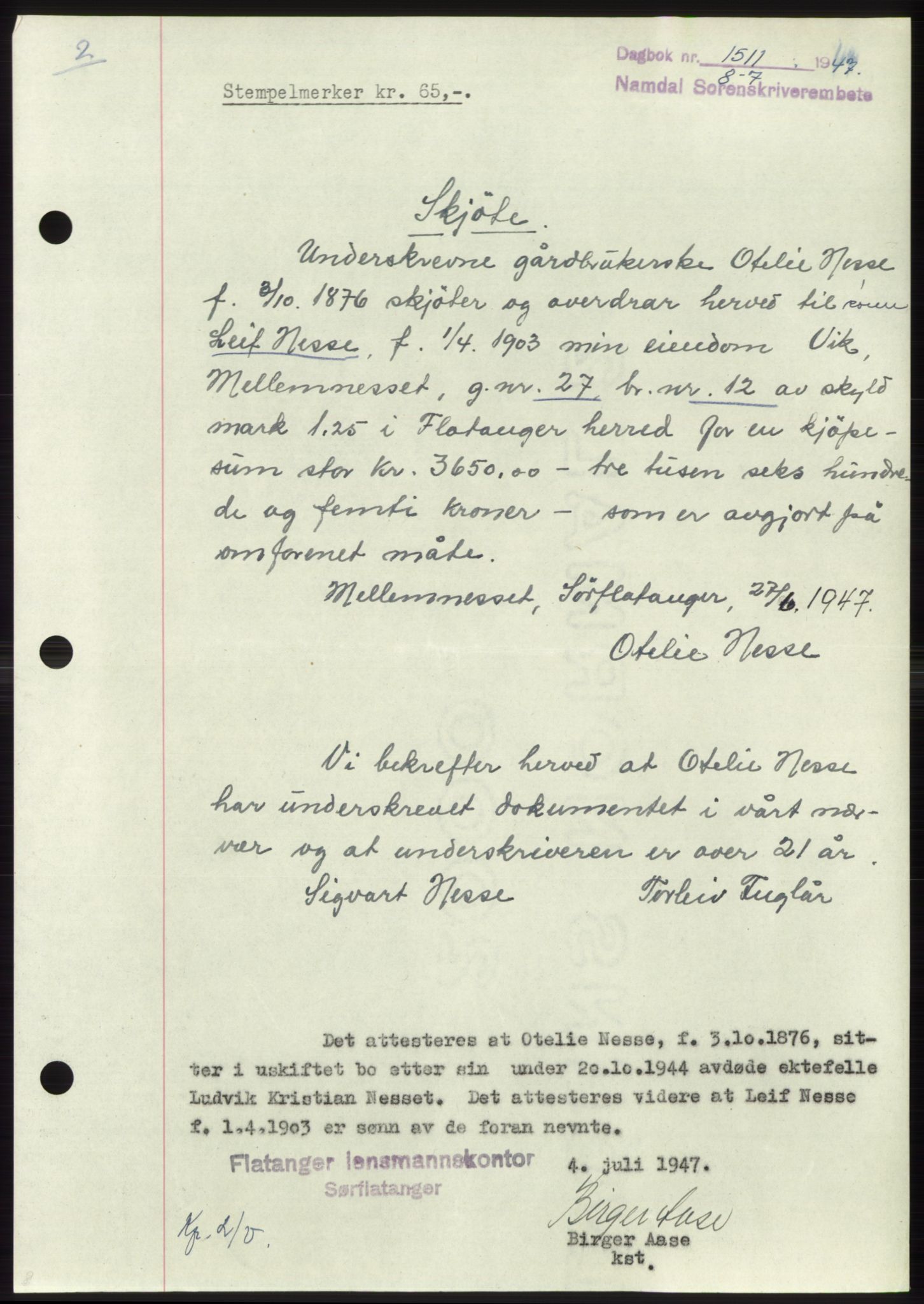 Namdal sorenskriveri, SAT/A-4133/1/2/2C: Pantebok nr. -, 1947-1947, Dagboknr: 1511/1947