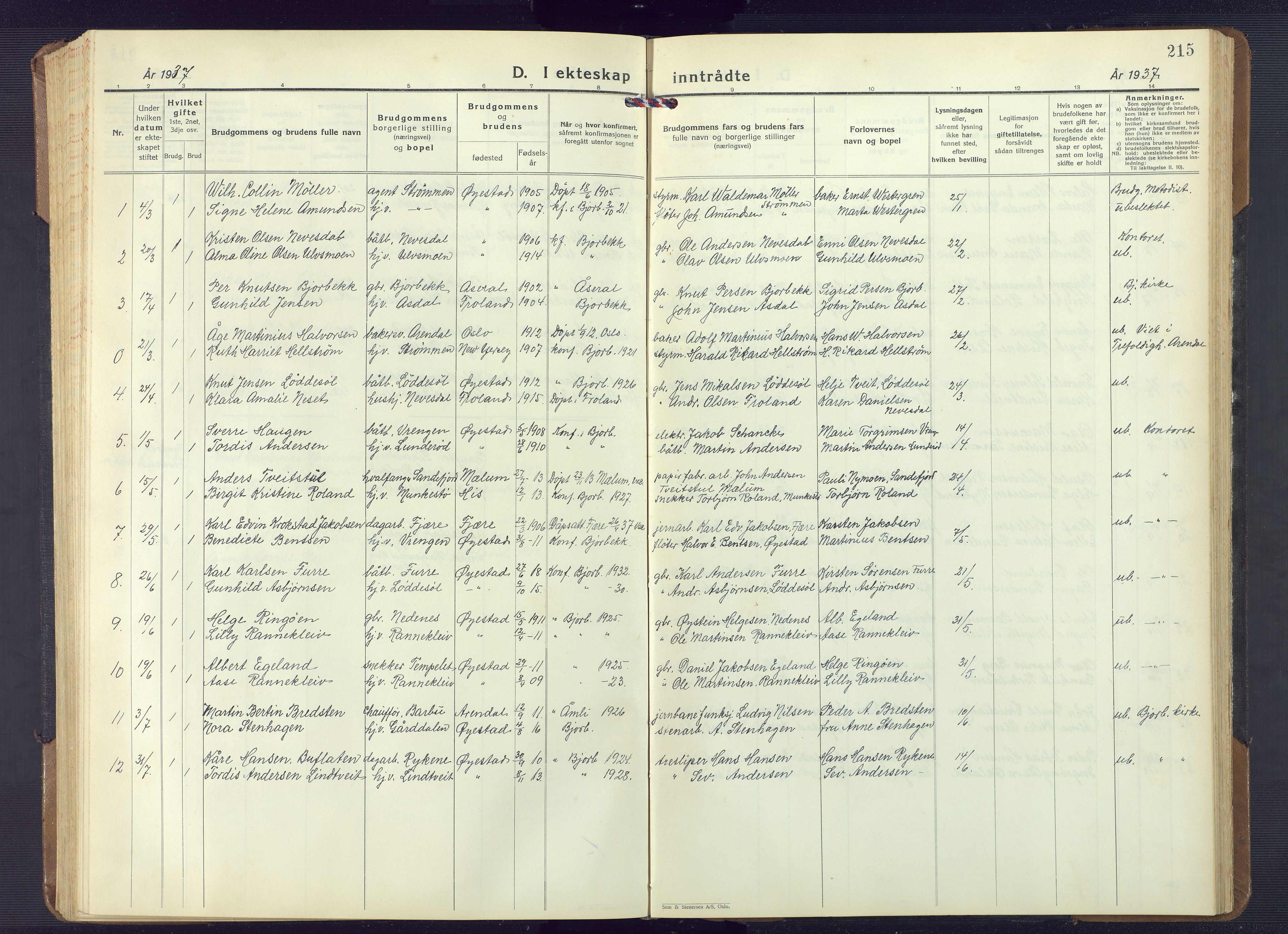Øyestad sokneprestkontor, AV/SAK-1111-0049/F/Fb/L0013: Klokkerbok nr. B 13, 1933-1945, s. 215