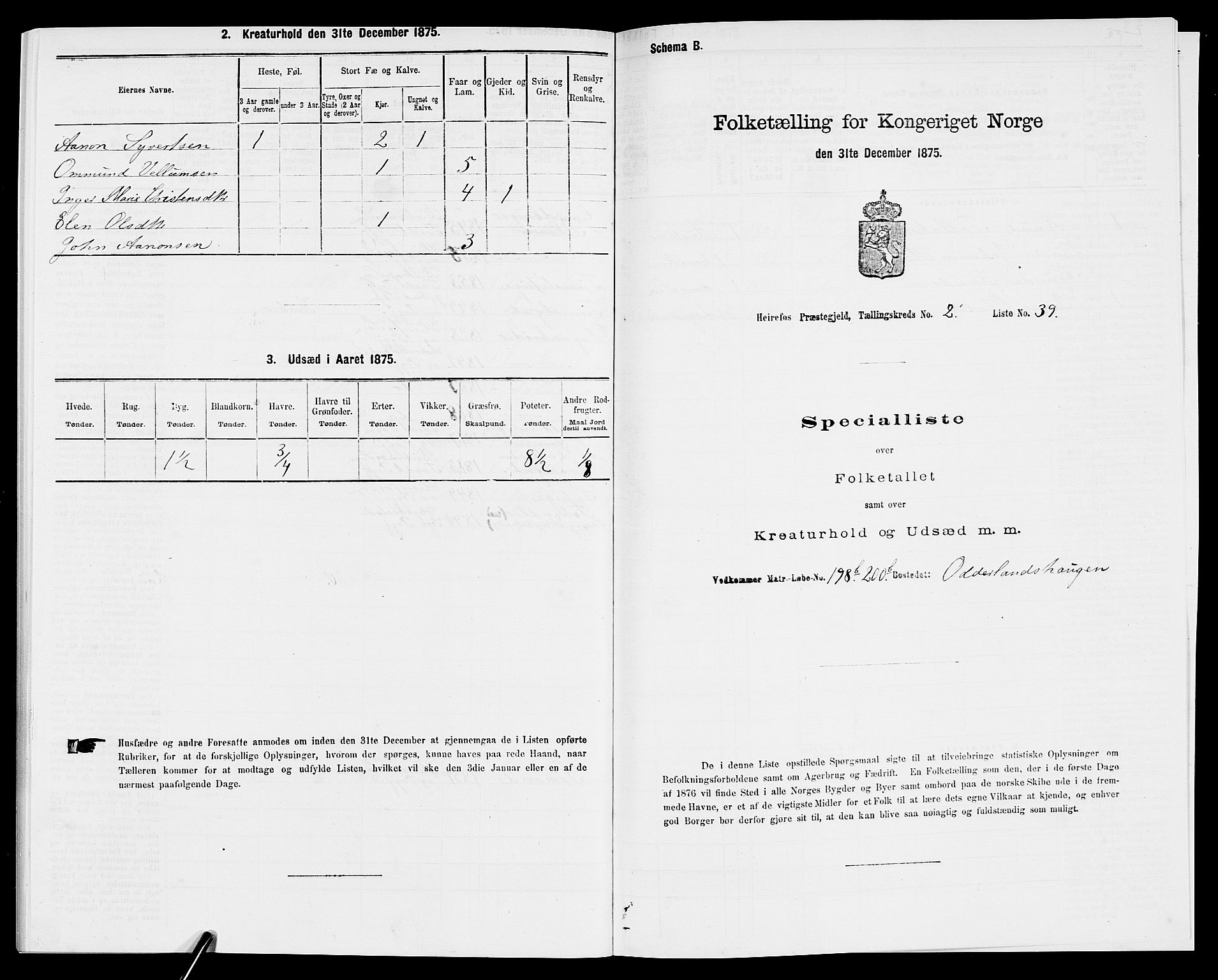 SAK, Folketelling 1875 for 0933P Herefoss prestegjeld, 1875, s. 185