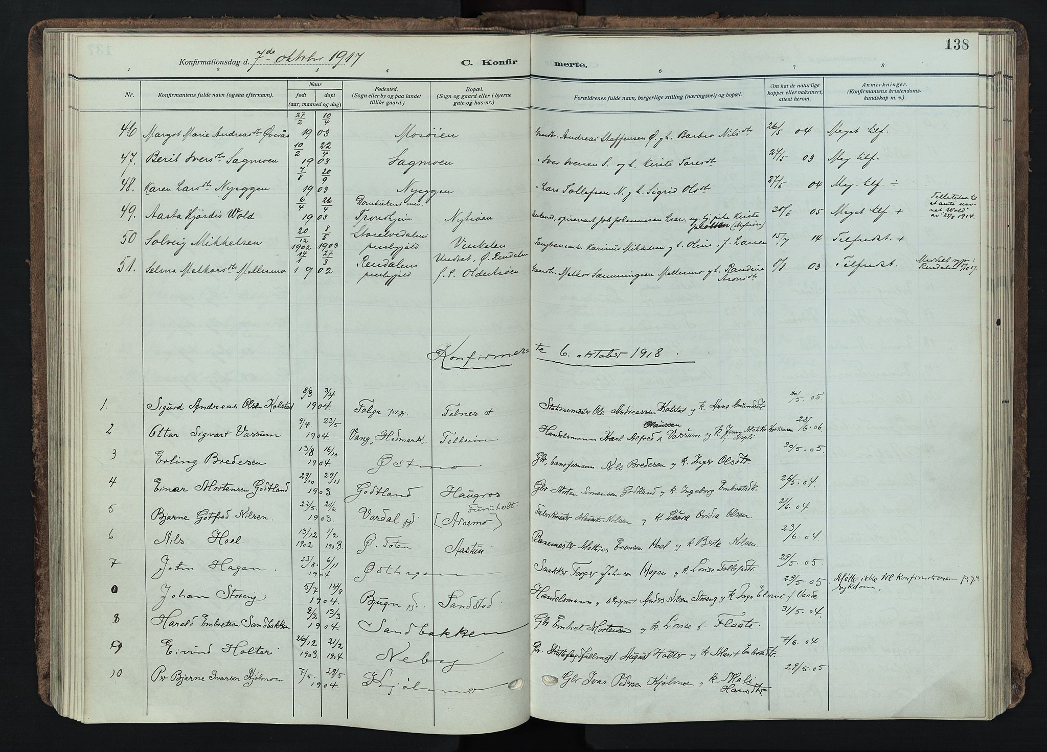 Tynset prestekontor, SAH/PREST-058/H/Ha/Haa/L0026: Ministerialbok nr. 26, 1915-1929, s. 138