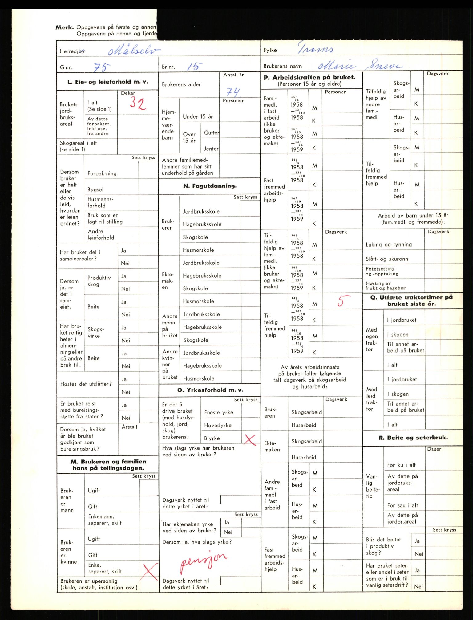 Statistisk sentralbyrå, Næringsøkonomiske emner, Jordbruk, skogbruk, jakt, fiske og fangst, AV/RA-S-2234/G/Gd/L0655: Troms: 1924 Målselv (kl. 4-10), 1959, s. 1249