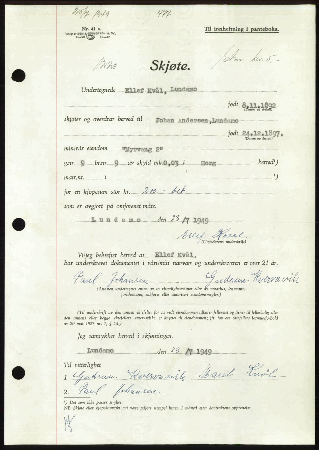 Gauldal sorenskriveri, SAT/A-0014/1/2/2C: Pantebok nr. A8, 1949-1949, Dagboknr: 1220/1949