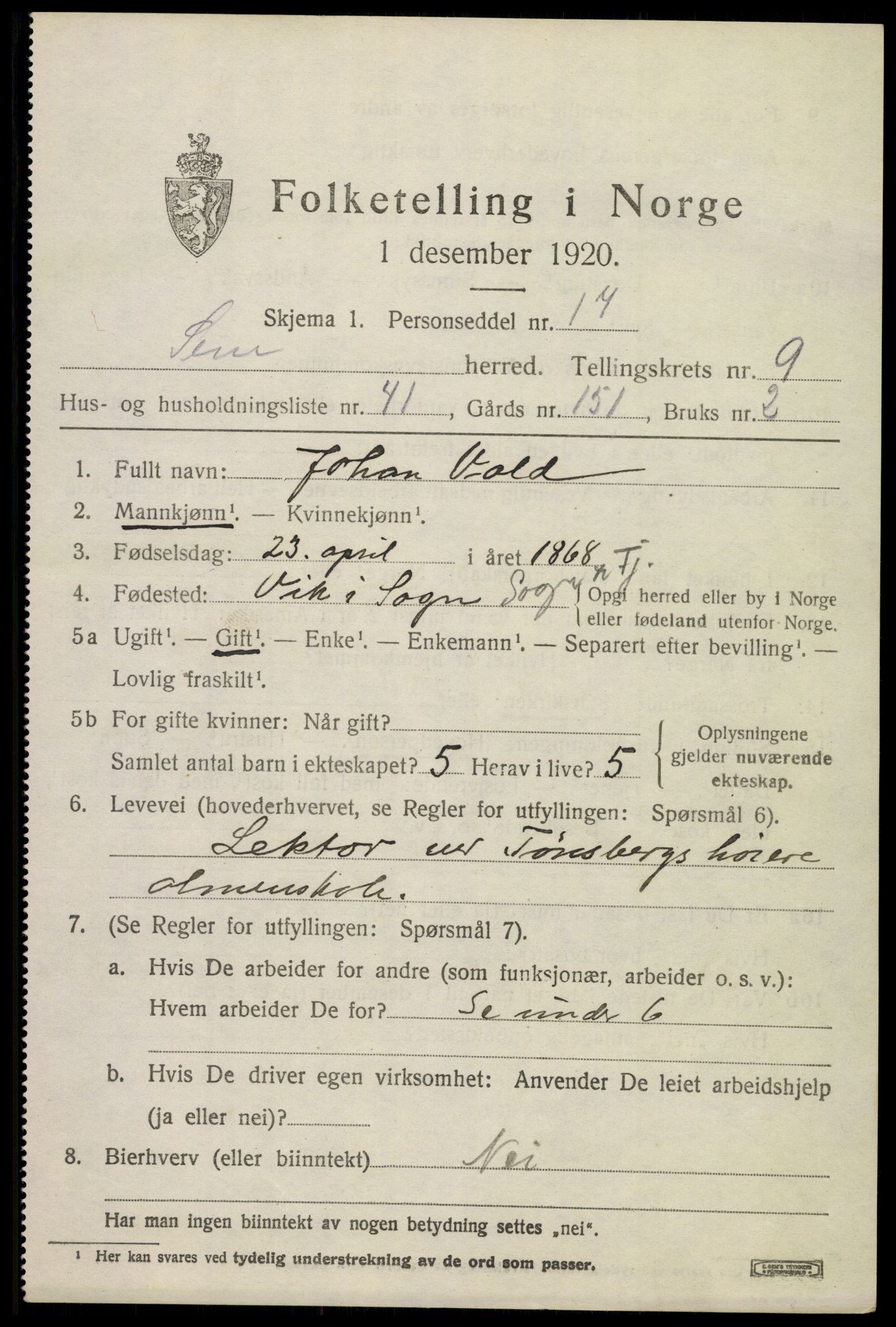 SAKO, Folketelling 1920 for 0721 Sem herred, 1920, s. 13005