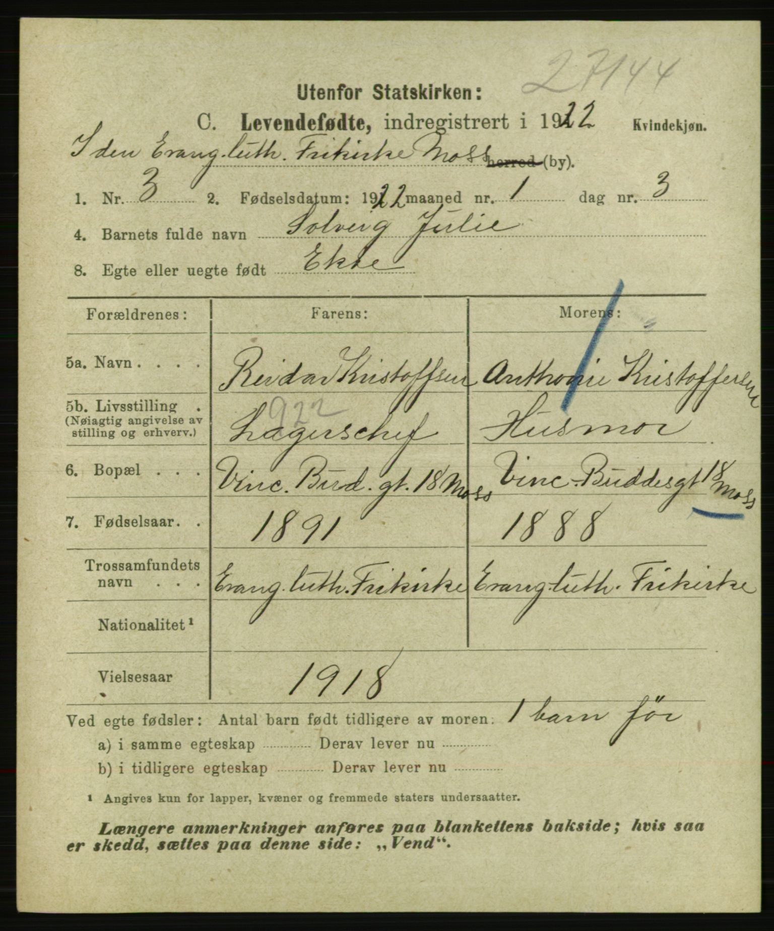 Statistisk sentralbyrå, Sosiodemografiske emner, Befolkning, AV/RA-S-2228/E/L0020: Fødte, gifte, døde dissentere., 1922, s. 7