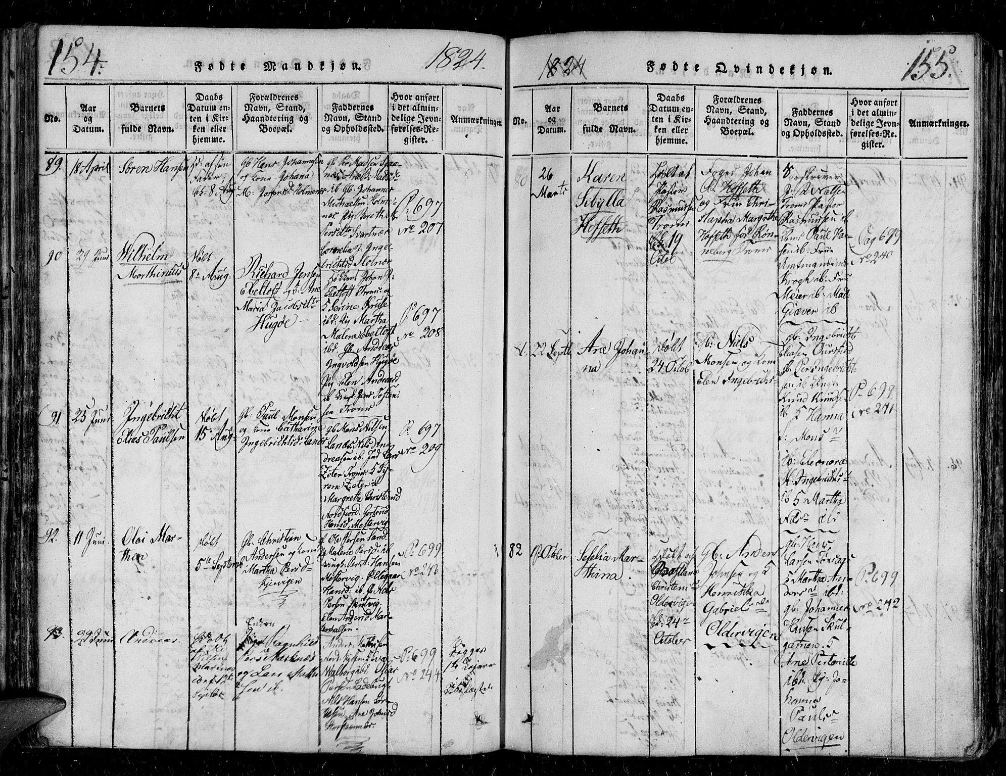 Tromsø sokneprestkontor/stiftsprosti/domprosti, AV/SATØ-S-1343/G/Gb/L0001klokker: Klokkerbok nr. 1, 1821-1833, s. 154-155