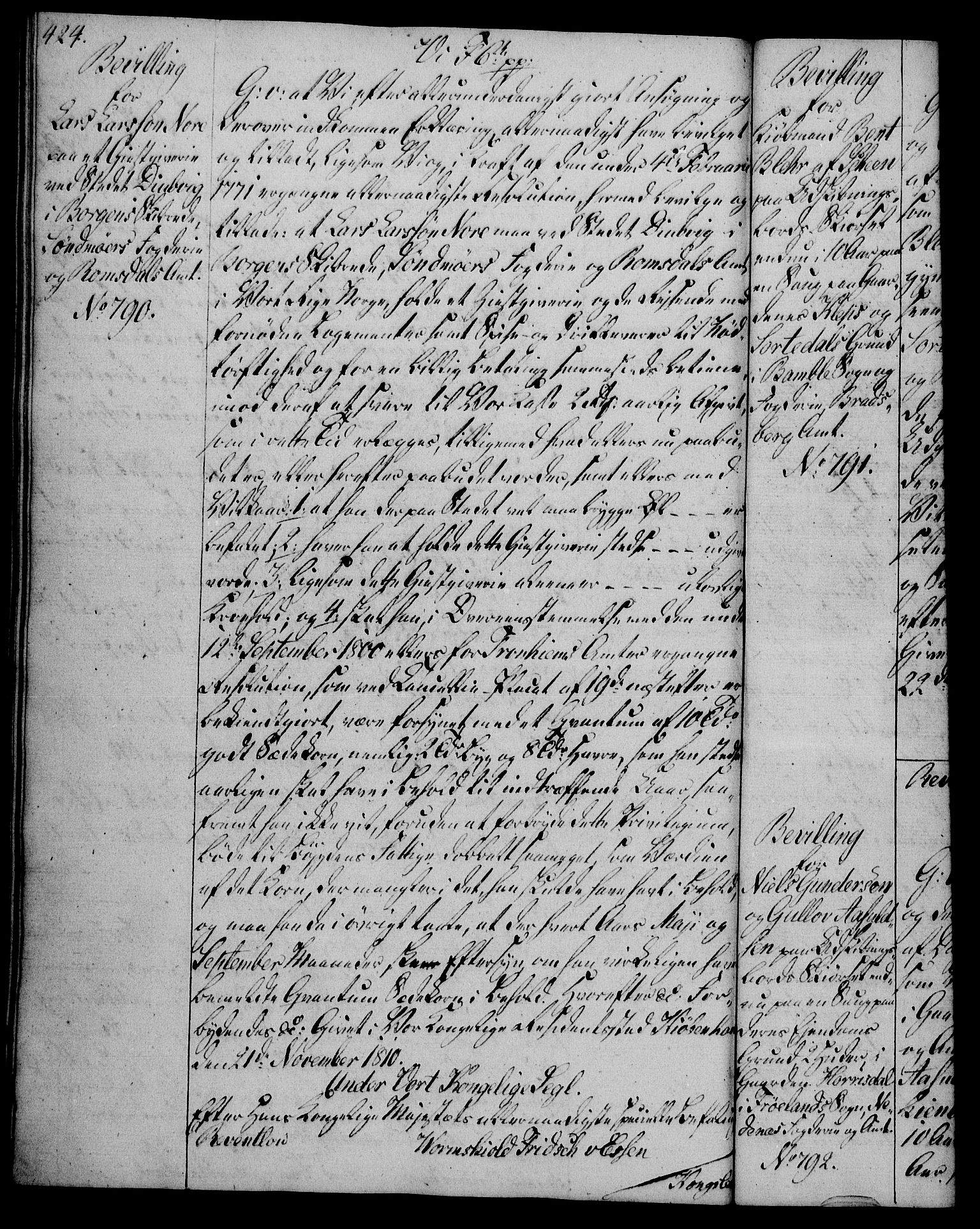 Rentekammeret, Kammerkanselliet, AV/RA-EA-3111/G/Gg/Gga/L0019: Norsk ekspedisjonsprotokoll med register (merket RK 53.19), 1807-1810, s. 424