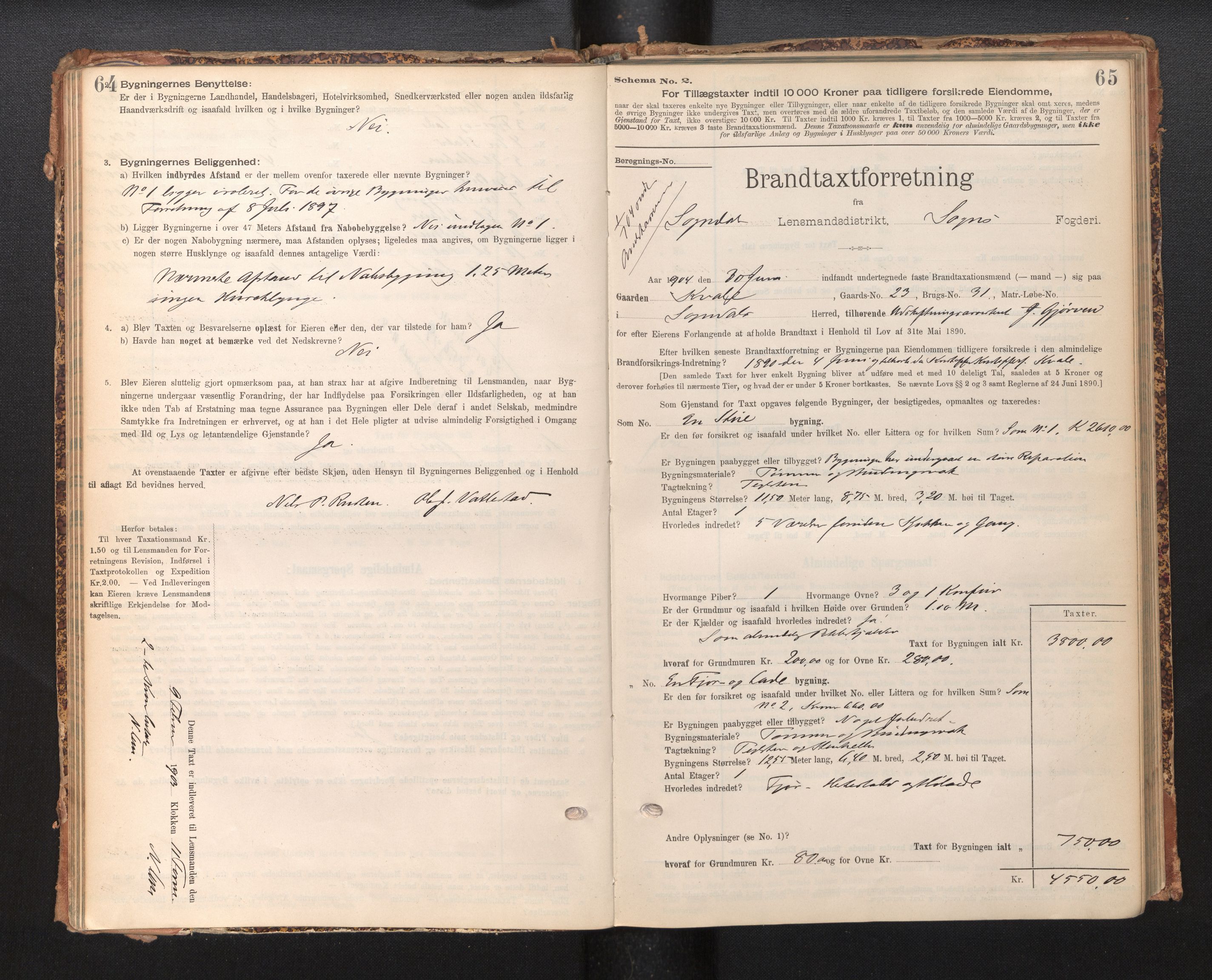 Lensmannen i Sogndal, SAB/A-29901/0012/L0009: Branntakstprotokoll, skjematakst, 1901-1914, s. 64-65