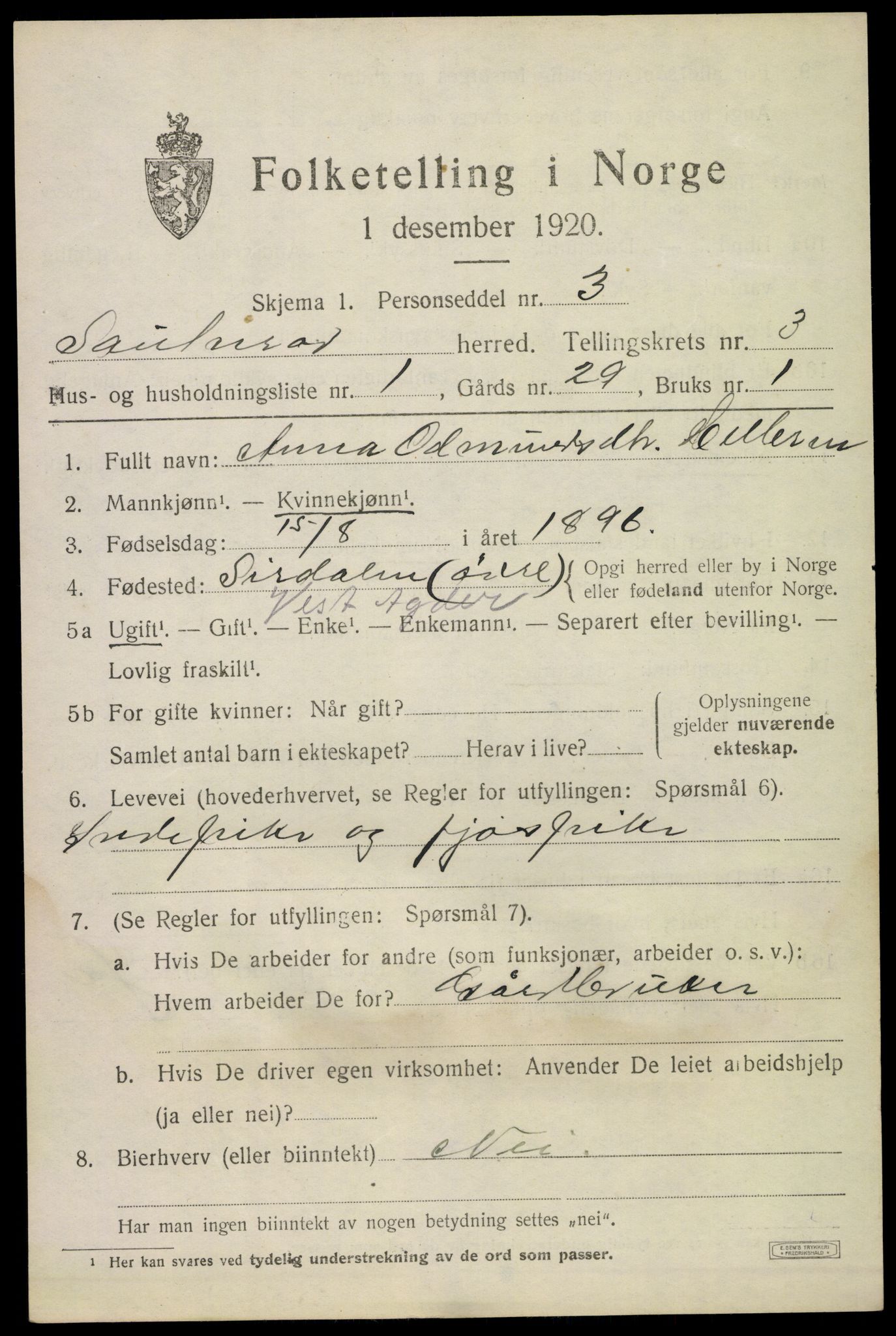SAKO, Folketelling 1920 for 0822 Sauherad herred, 1920, s. 2879