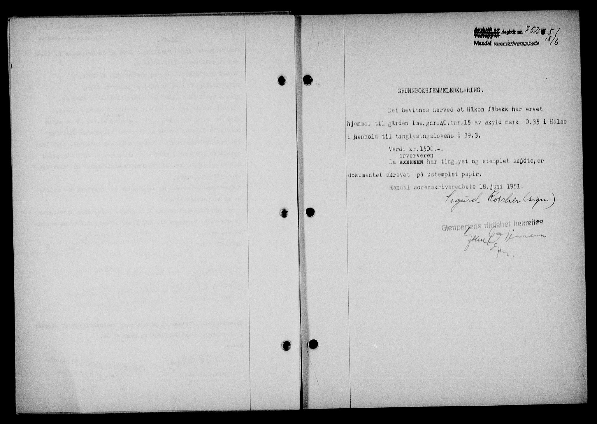 Mandal sorenskriveri, SAK/1221-0005/001/G/Gb/Gba/L0084: Pantebok nr. A-21, 1951-1951, Dagboknr: 752/1951