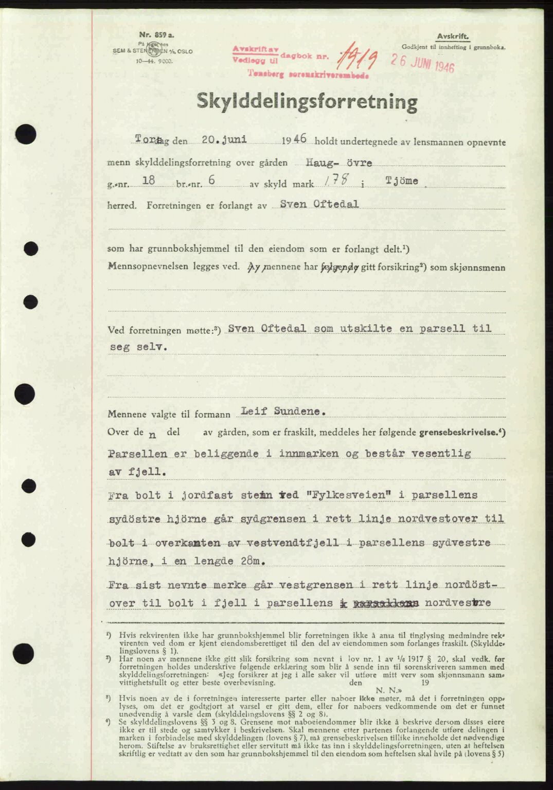 Tønsberg sorenskriveri, SAKO/A-130/G/Ga/Gaa/L0019: Pantebok nr. A19, 1946-1946, Dagboknr: 1919/1946