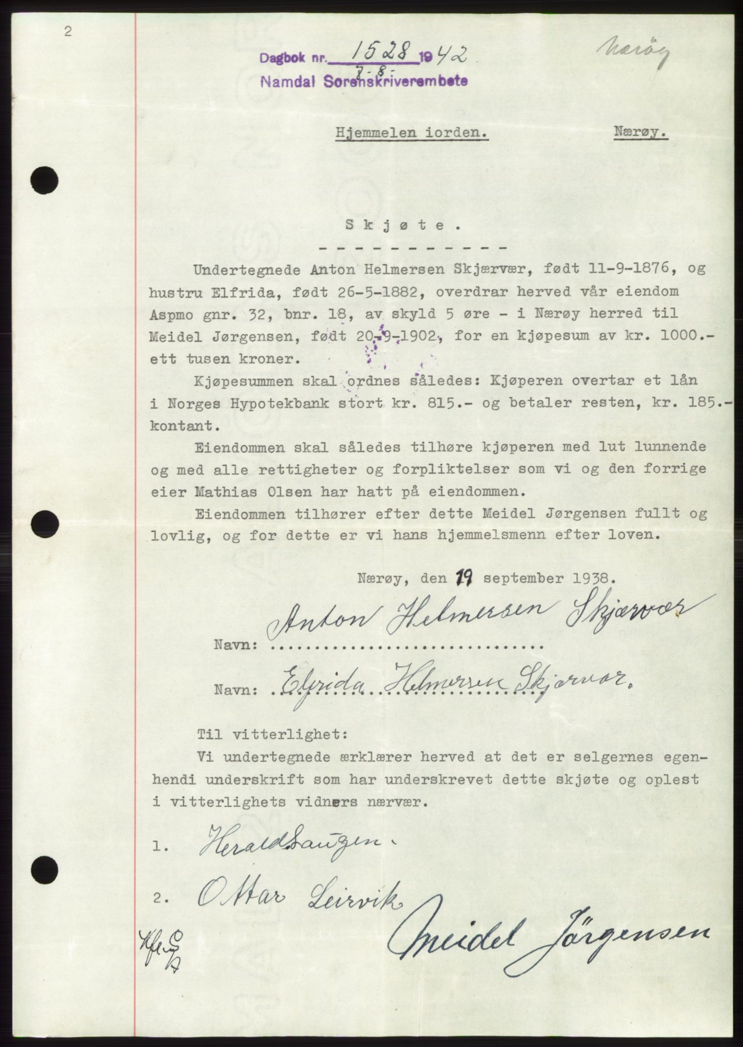 Namdal sorenskriveri, SAT/A-4133/1/2/2C: Pantebok nr. -, 1942-1943, Dagboknr: 1528/1942