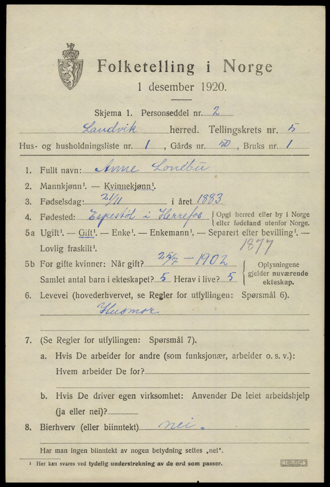 SAK, Folketelling 1920 for 0924 Landvik herred, 1920, s. 4010