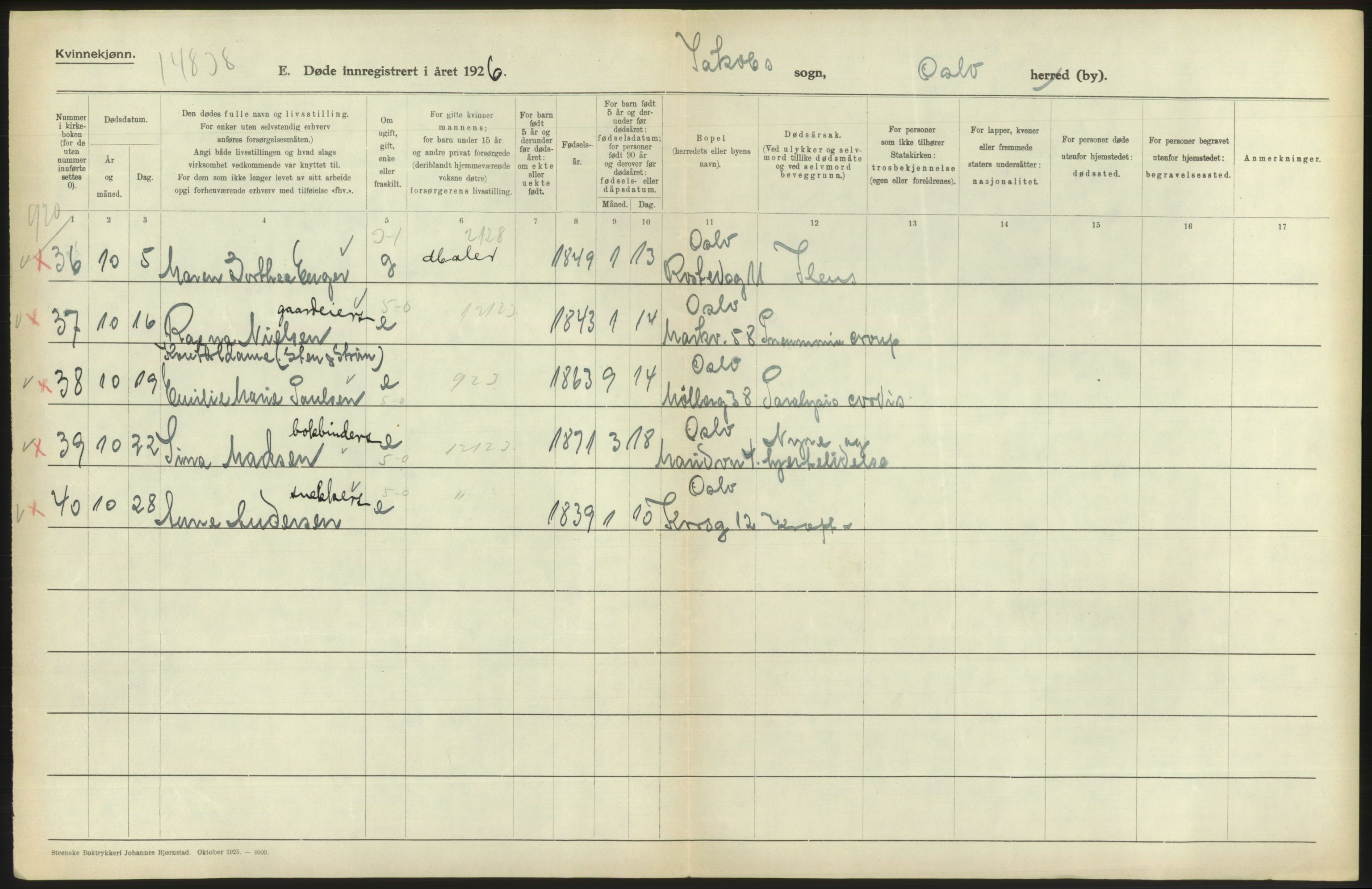 Statistisk sentralbyrå, Sosiodemografiske emner, Befolkning, AV/RA-S-2228/D/Df/Dfc/Dfcf/L0010: Oslo: Døde kvinner, dødfødte, 1926, s. 312