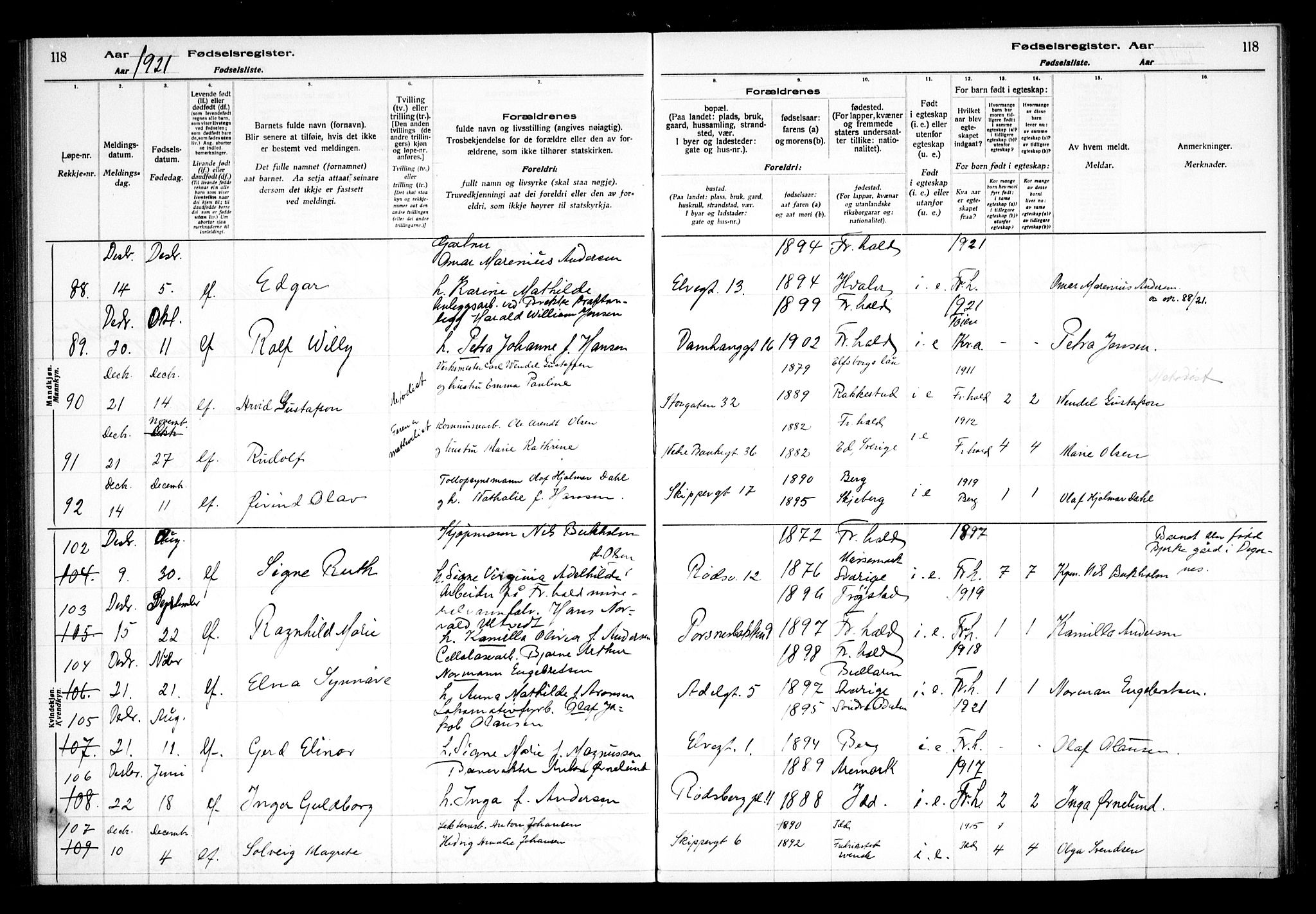 Halden prestekontor Kirkebøker, AV/SAO-A-10909/J/Ja/L0001: Fødselsregister nr. I 1, 1916-1925, s. 118