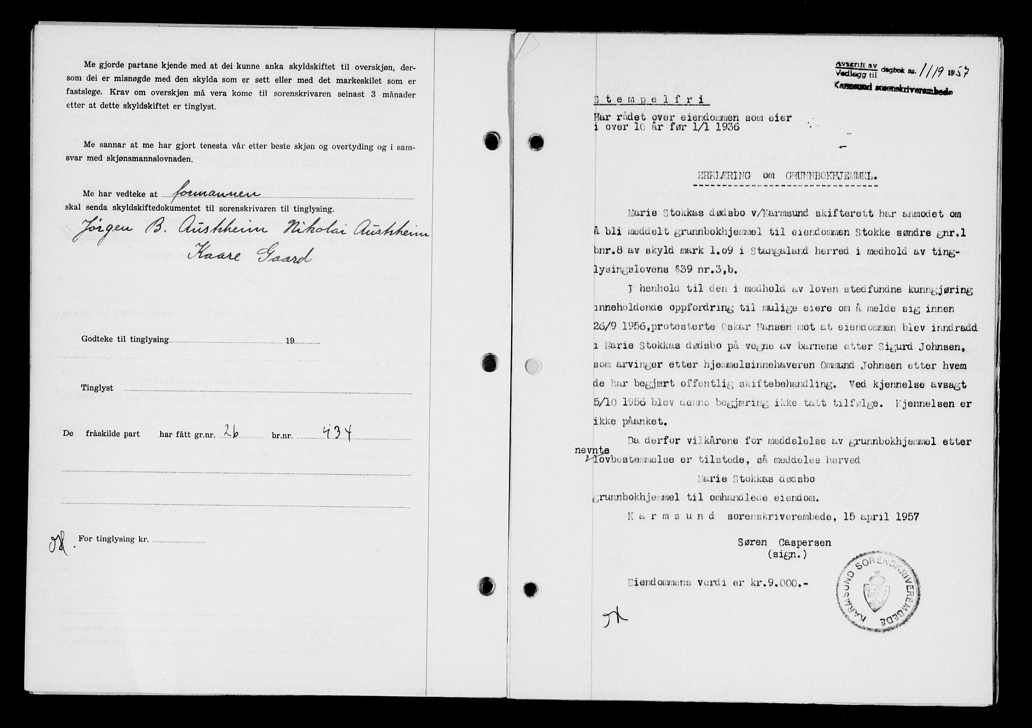 Karmsund sorenskriveri, SAST/A-100311/01/II/IIB/L0124: Pantebok nr. 104A, 1957-1957, Dagboknr: 1119/1957