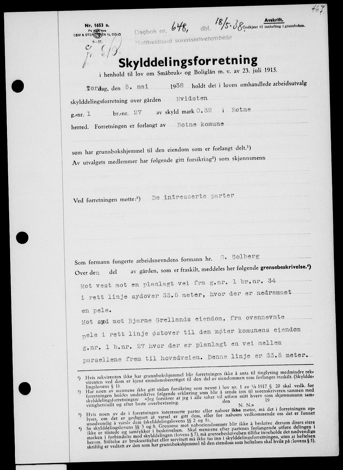 Holmestrand sorenskriveri, SAKO/A-67/G/Ga/Gaa/L0049: Pantebok nr. A-49, 1937-1938, Dagboknr: 648/1938