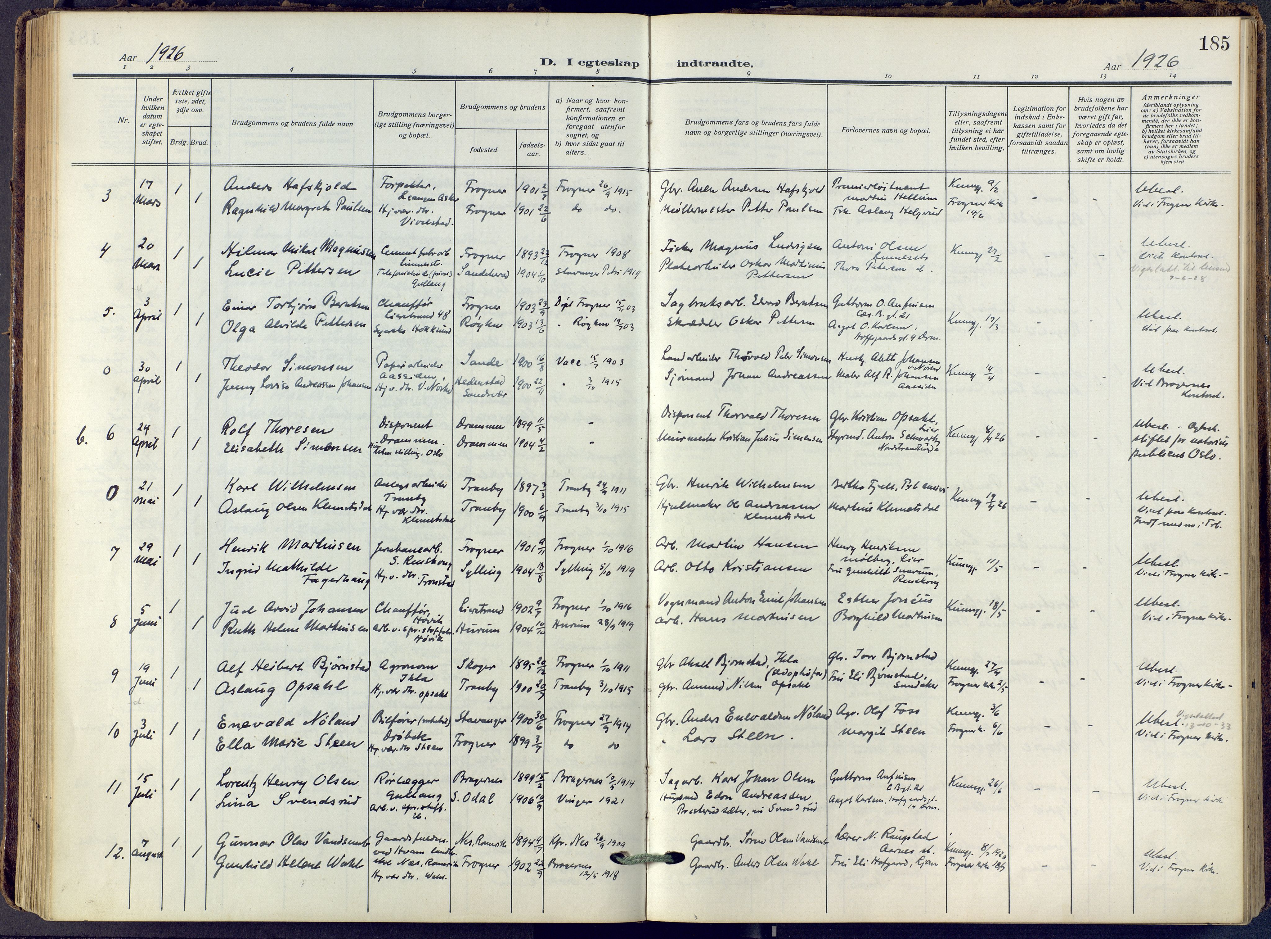 Lier kirkebøker, SAKO/A-230/F/Fa/L0019: Ministerialbok nr. I 19, 1918-1928, s. 185