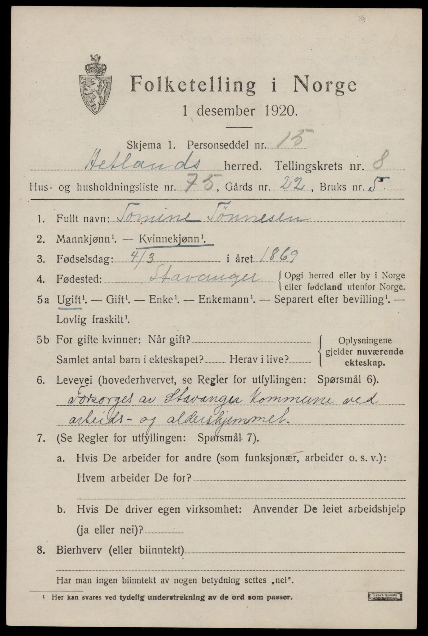 SAST, Folketelling 1920 for 1126 Hetland herred, 1920, s. 16753