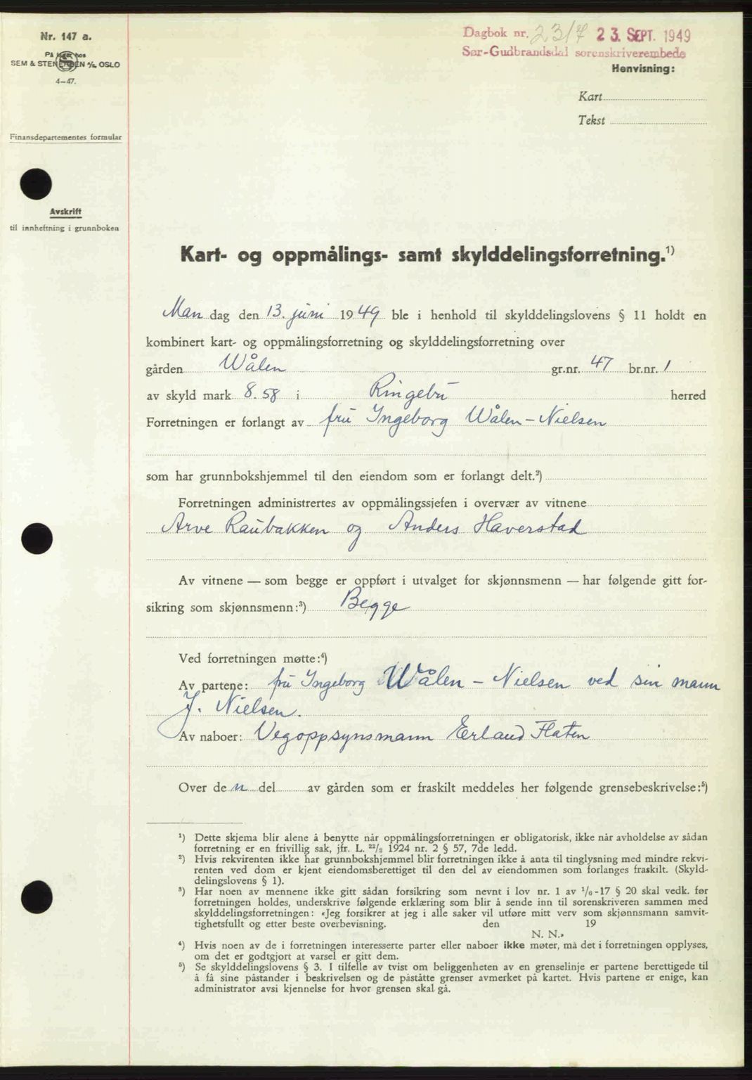 Sør-Gudbrandsdal tingrett, SAH/TING-004/H/Hb/Hbd/L0026: Pantebok nr. A26, 1949-1949, Dagboknr: 2317/1949