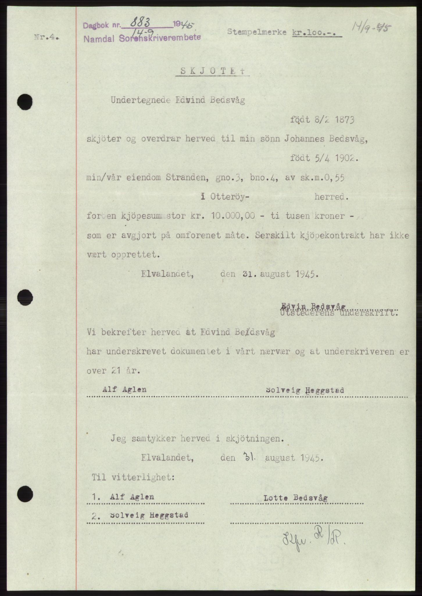 Namdal sorenskriveri, SAT/A-4133/1/2/2C: Pantebok nr. -, 1944-1945, Dagboknr: 883/1945