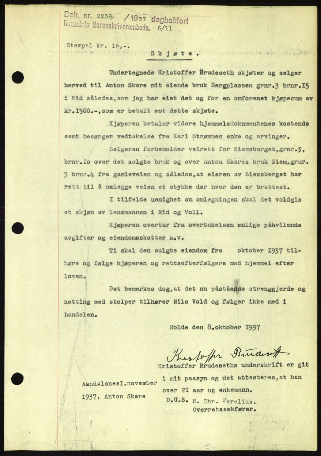 Romsdal sorenskriveri, SAT/A-4149/1/2/2C: Pantebok nr. A4, 1937-1938, Dagboknr: 2238/1937