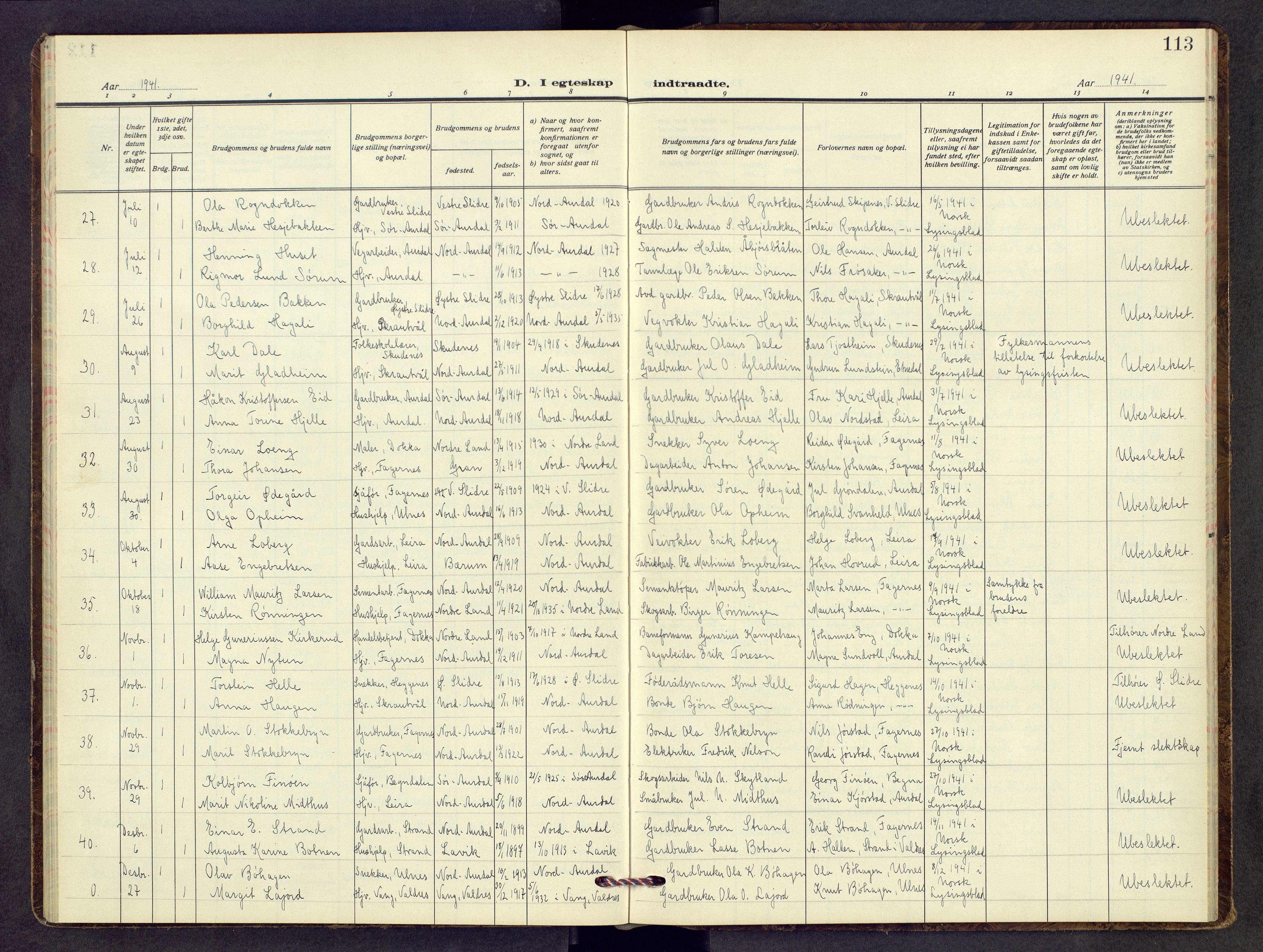 Nord-Aurdal prestekontor, SAH/PREST-132/H/Ha/Hab/L0017: Klokkerbok nr. 17, 1933-1946, s. 113