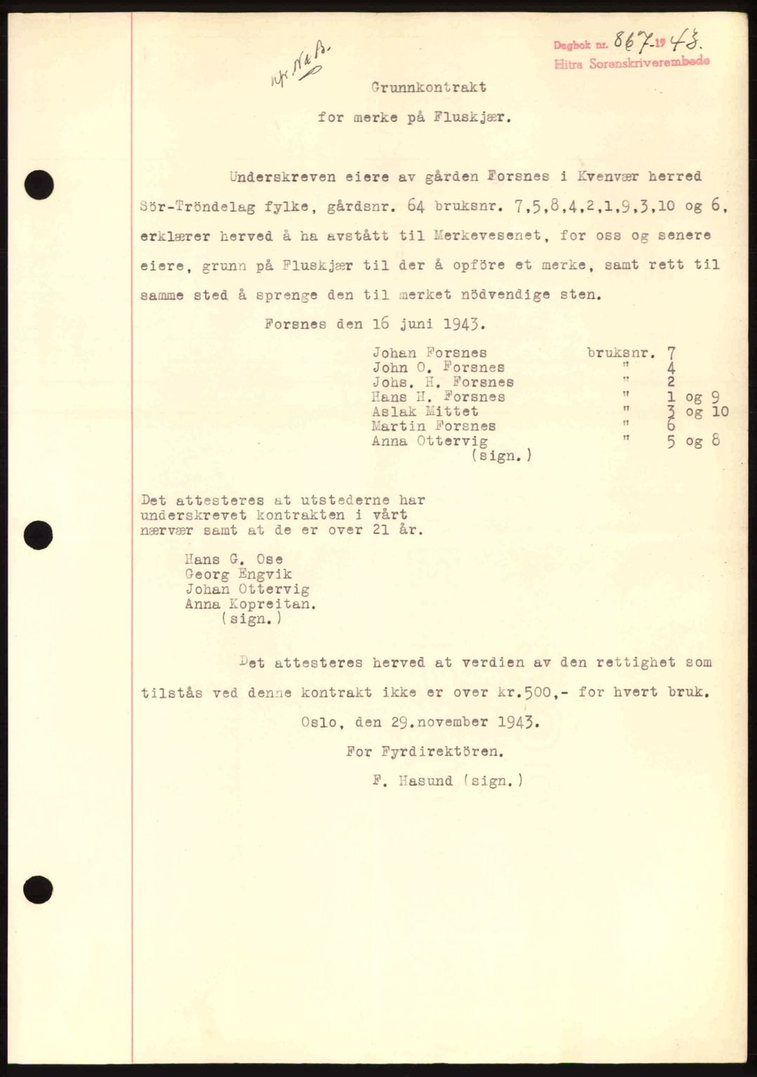 Hitra sorenskriveri, AV/SAT-A-0018/2/2C/2Ca: Pantebok nr. B1, 1939-1949, Dagboknr: 867/1943