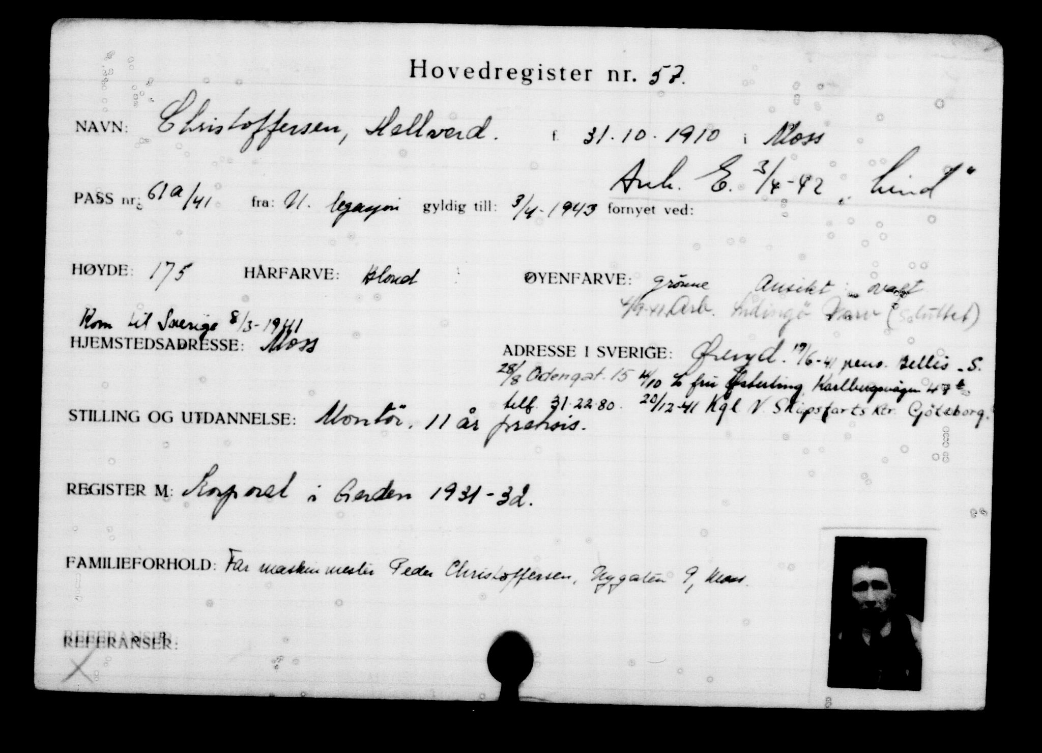 Utenriksstasjonene, Legasjonen i Stockholm, Flyktningkontoret, AV/RA-S-6753/V/Va/L0001: Kjesäterkartoteket, flyktninger med registreringsnr. 1-1000, 1940-1945, s. 98