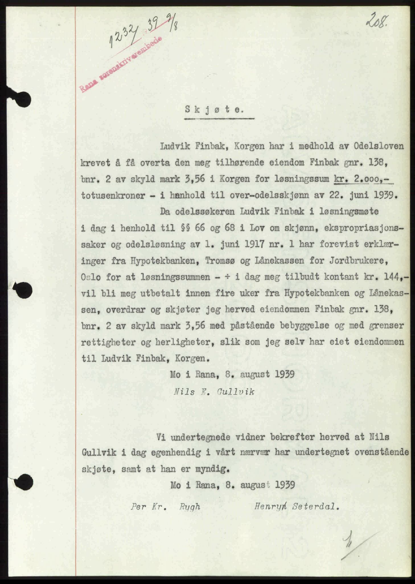 Rana sorenskriveri , SAT/A-1108/1/2/2C: Pantebok nr. A 6, 1939-1940, Dagboknr: 1232/1939