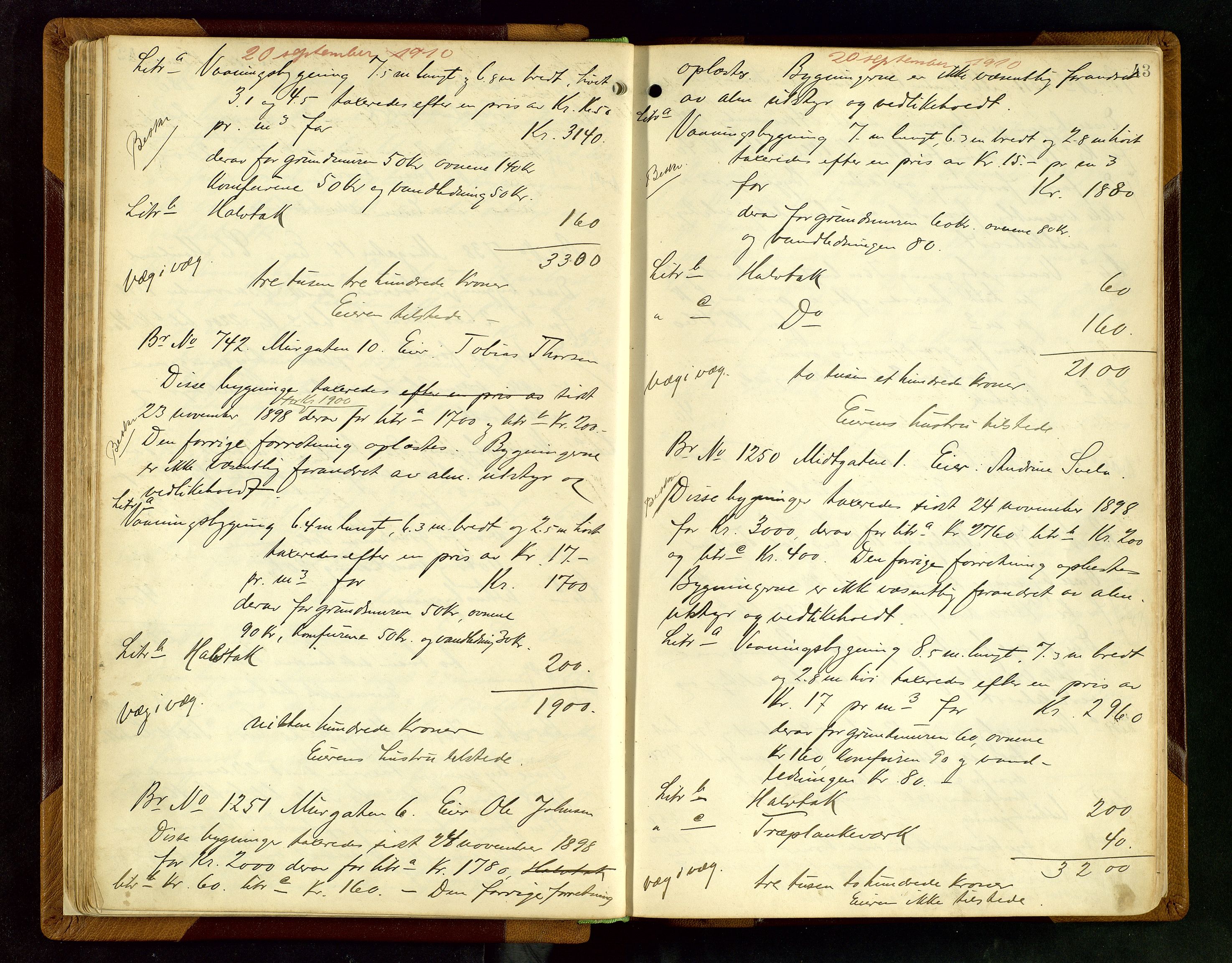 Norges Brannkasse Stavanger, AV/SAST-A-102143/F/Fd/L0009: Branntaksprotokoll nr. 20, 1909-1912, s. 42b-43a