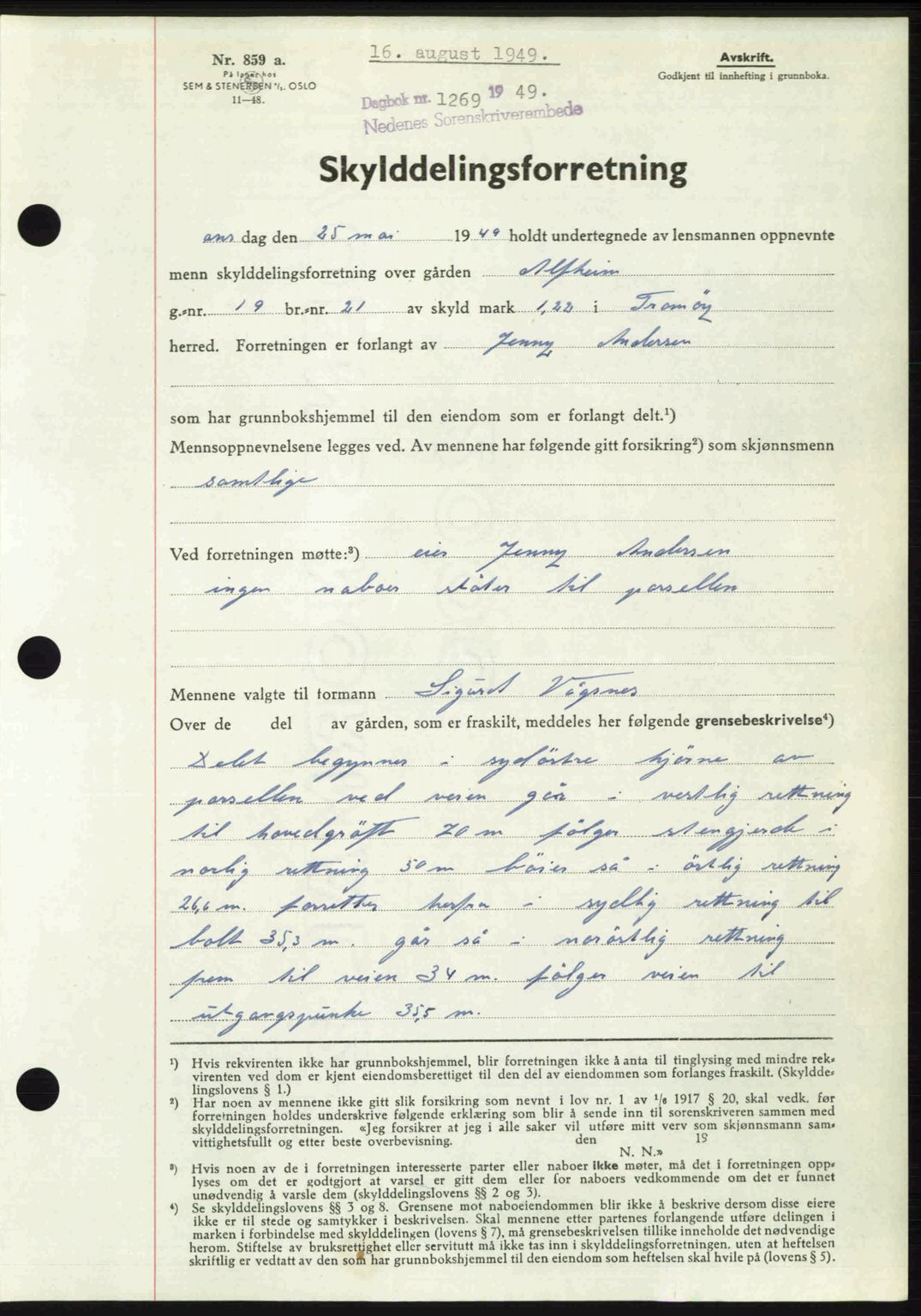 Nedenes sorenskriveri, SAK/1221-0006/G/Gb/Gba/L0061: Pantebok nr. A13, 1949-1949, Dagboknr: 1269/1949