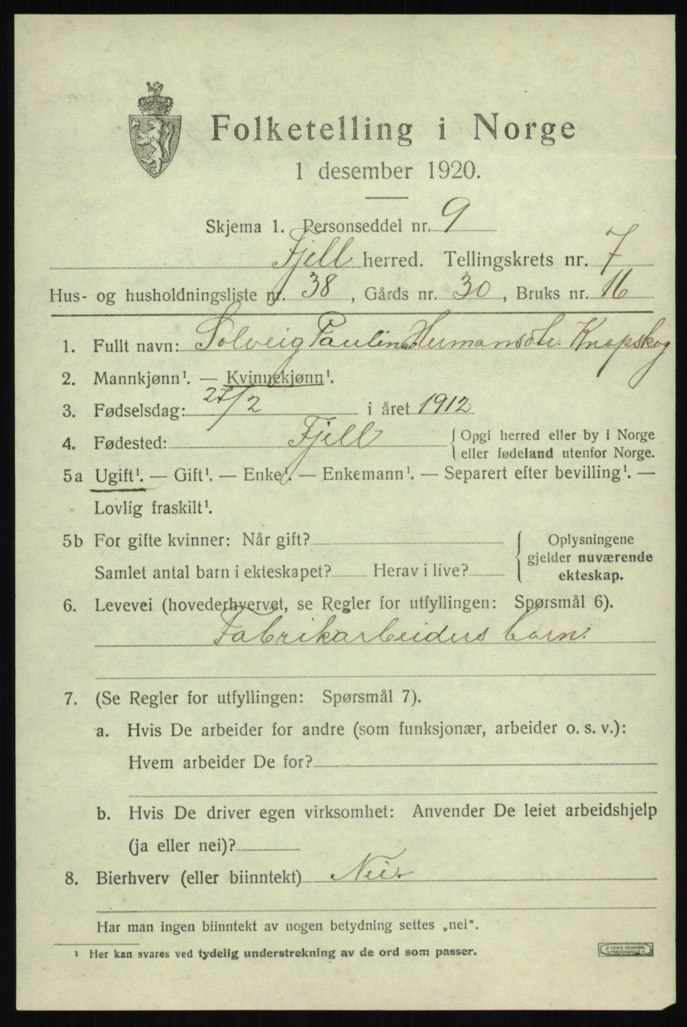 SAB, Folketelling 1920 for 1246 Fjell herred, 1920, s. 6932