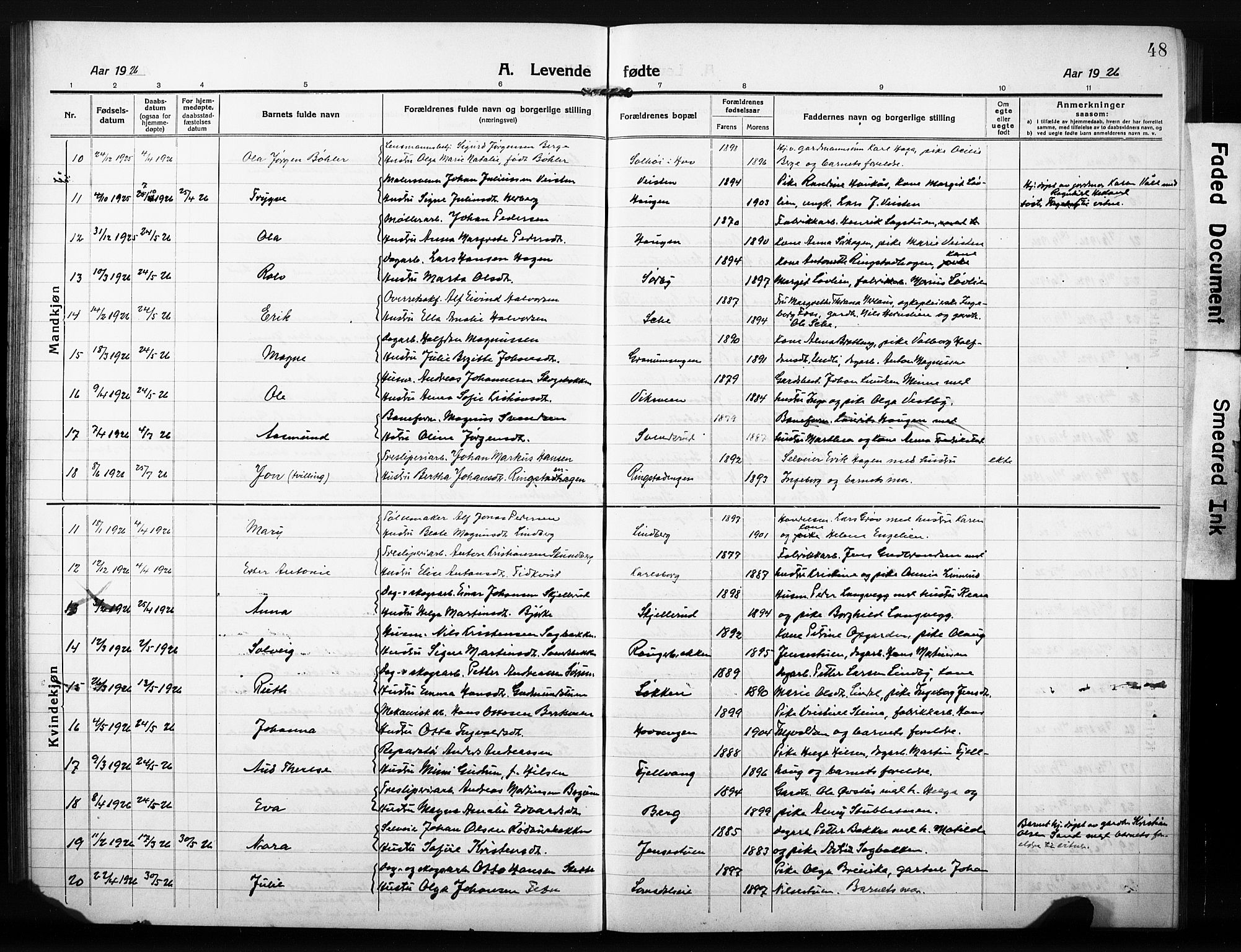 Søndre Land prestekontor, AV/SAH-PREST-122/L/L0007: Klokkerbok nr. 7, 1915-1932, s. 48