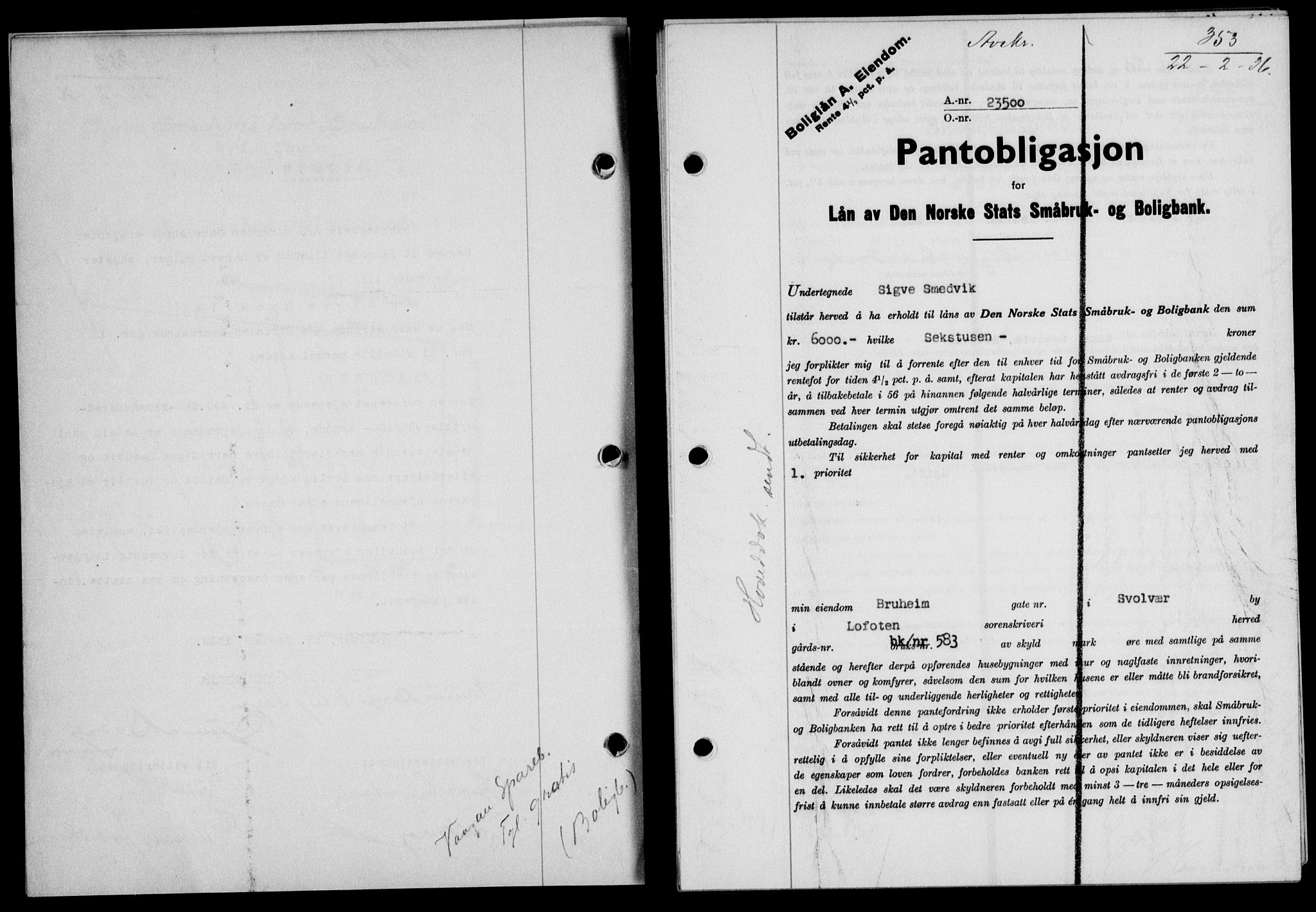 Lofoten sorenskriveri, SAT/A-0017/1/2/2C/L0033b: Pantebok nr. 33b, 1936-1936, Dagboknr: 353/1936