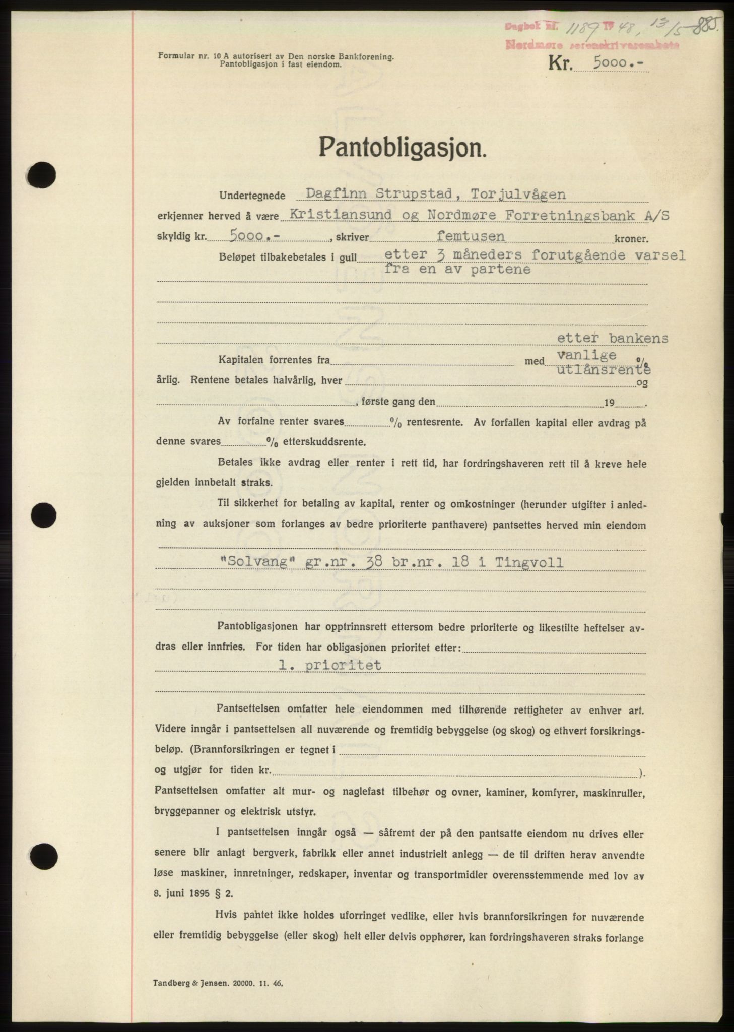 Nordmøre sorenskriveri, SAT/A-4132/1/2/2Ca: Pantebok nr. B98, 1948-1948, Dagboknr: 1189/1948