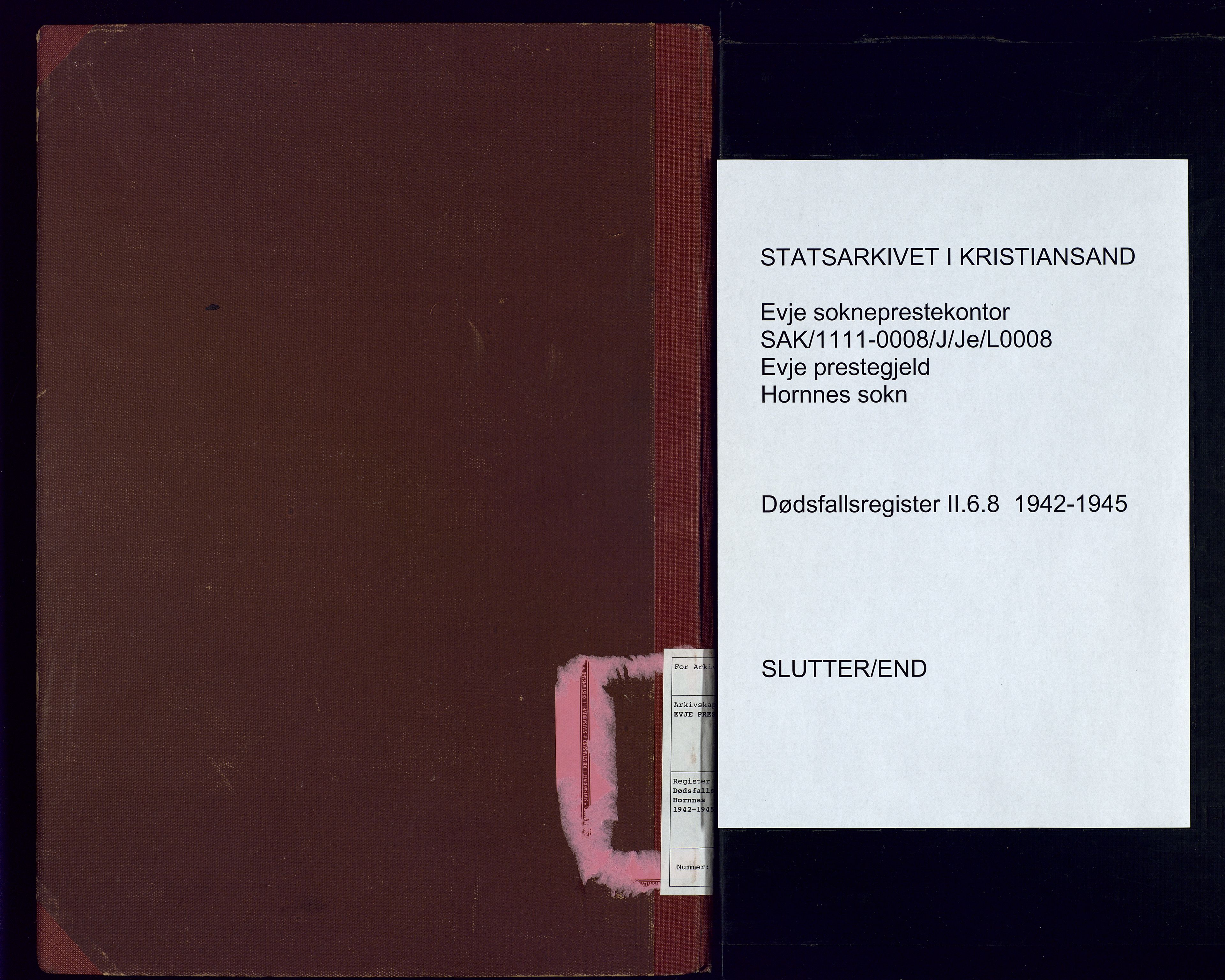 Evje sokneprestkontor, SAK/1111-0008/J/Je/L0008: II.6.8 - Dødsfallsregister Hornnes, 1942-1945