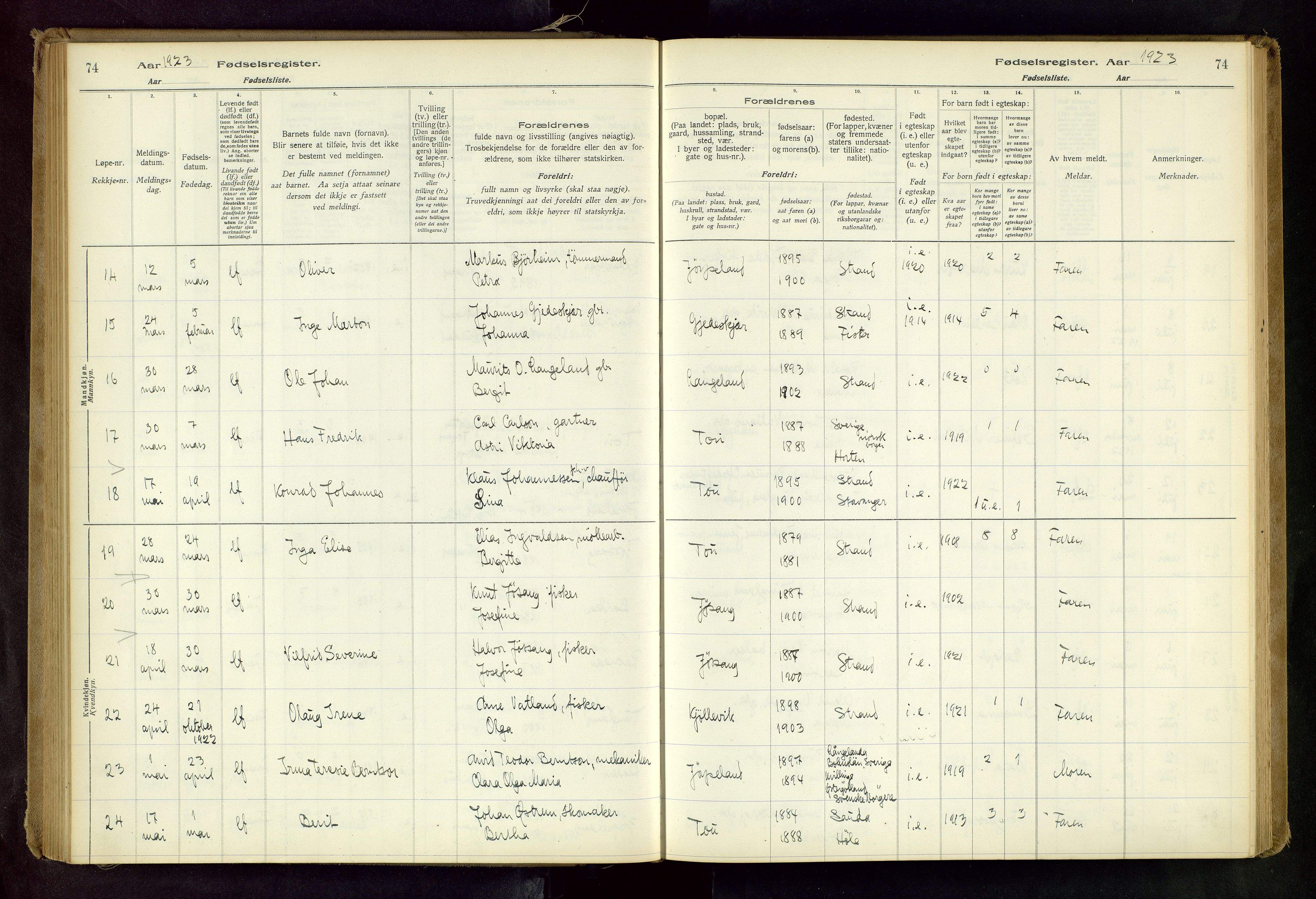 Strand sokneprestkontor, SAST/A-101828/I/Id/L0001: Fødselsregister nr. 1, 1916-1938, s. 74