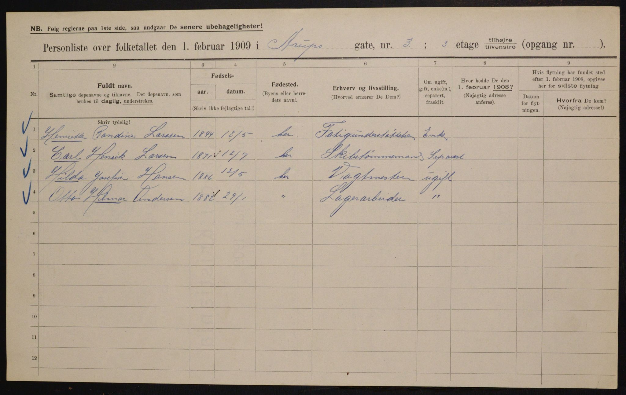 OBA, Kommunal folketelling 1.2.1909 for Kristiania kjøpstad, 1909, s. 2054