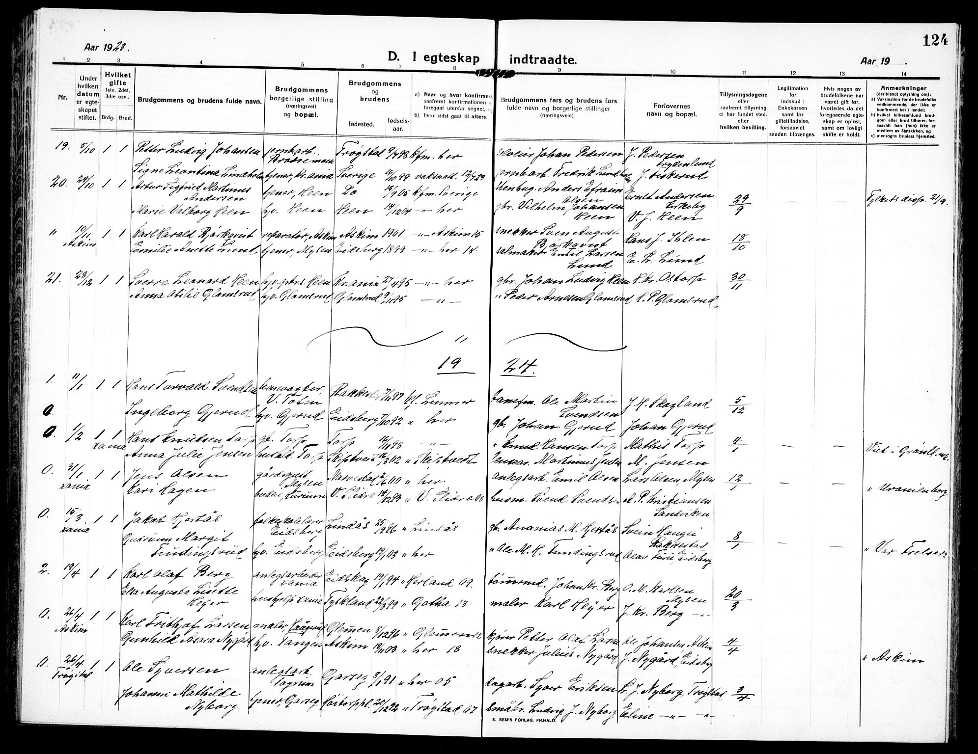 Eidsberg prestekontor Kirkebøker, SAO/A-10905/G/Ga/L0003: Klokkerbok nr. I 3, 1913-1937, s. 124