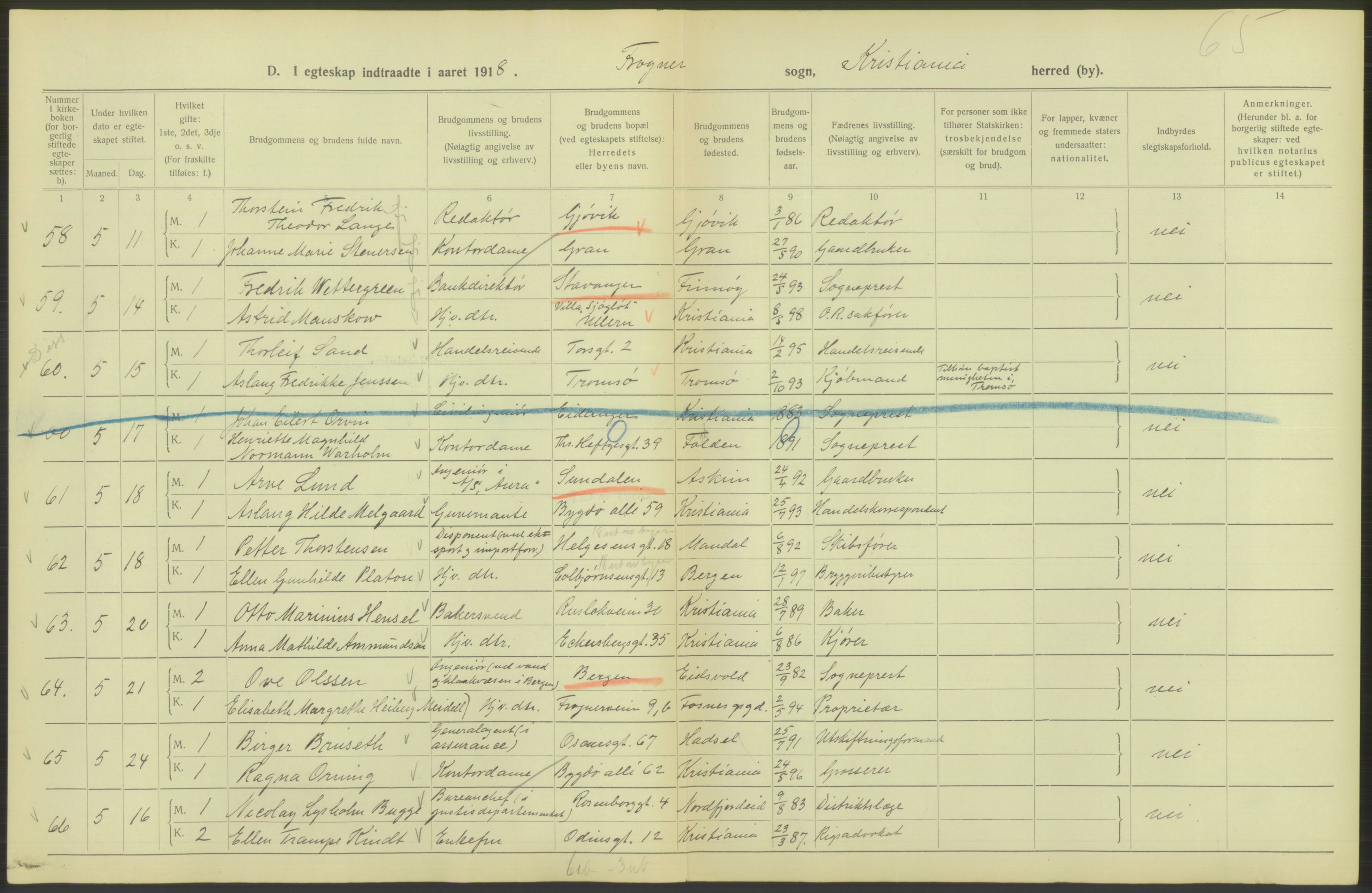 Statistisk sentralbyrå, Sosiodemografiske emner, Befolkning, AV/RA-S-2228/D/Df/Dfb/Dfbh/L0009: Kristiania: Gifte, 1918, s. 140