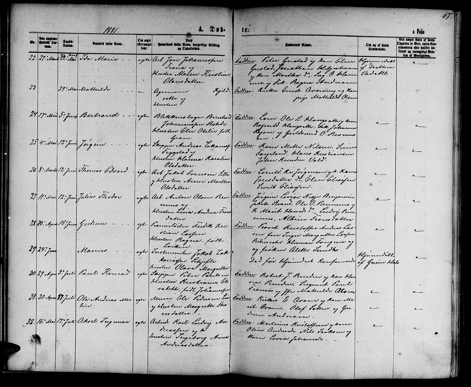Ministerialprotokoller, klokkerbøker og fødselsregistre - Nord-Trøndelag, SAT/A-1458/739/L0373: Klokkerbok nr. 739C01, 1865-1882, s. 67